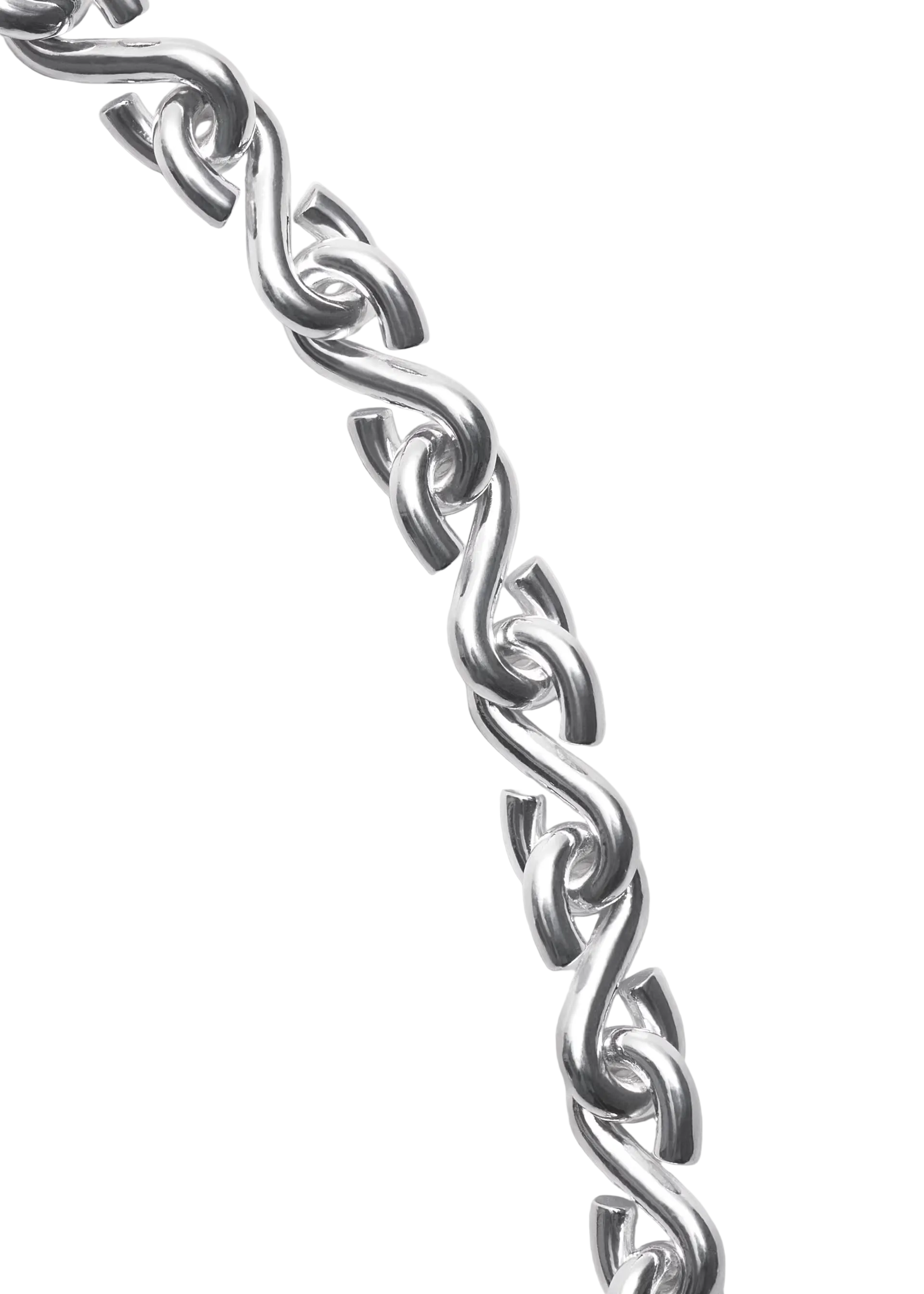 A close-up of a polished silver chain with interlocking oval links, photographed diagonally against a clean, light gray background.