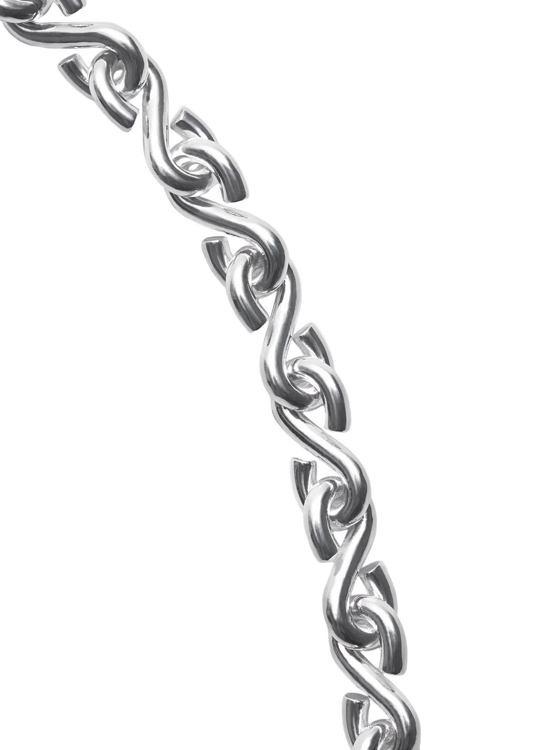 A close-up of a polished silver chain with interlocking oval links, photographed diagonally against a clean, light gray background.