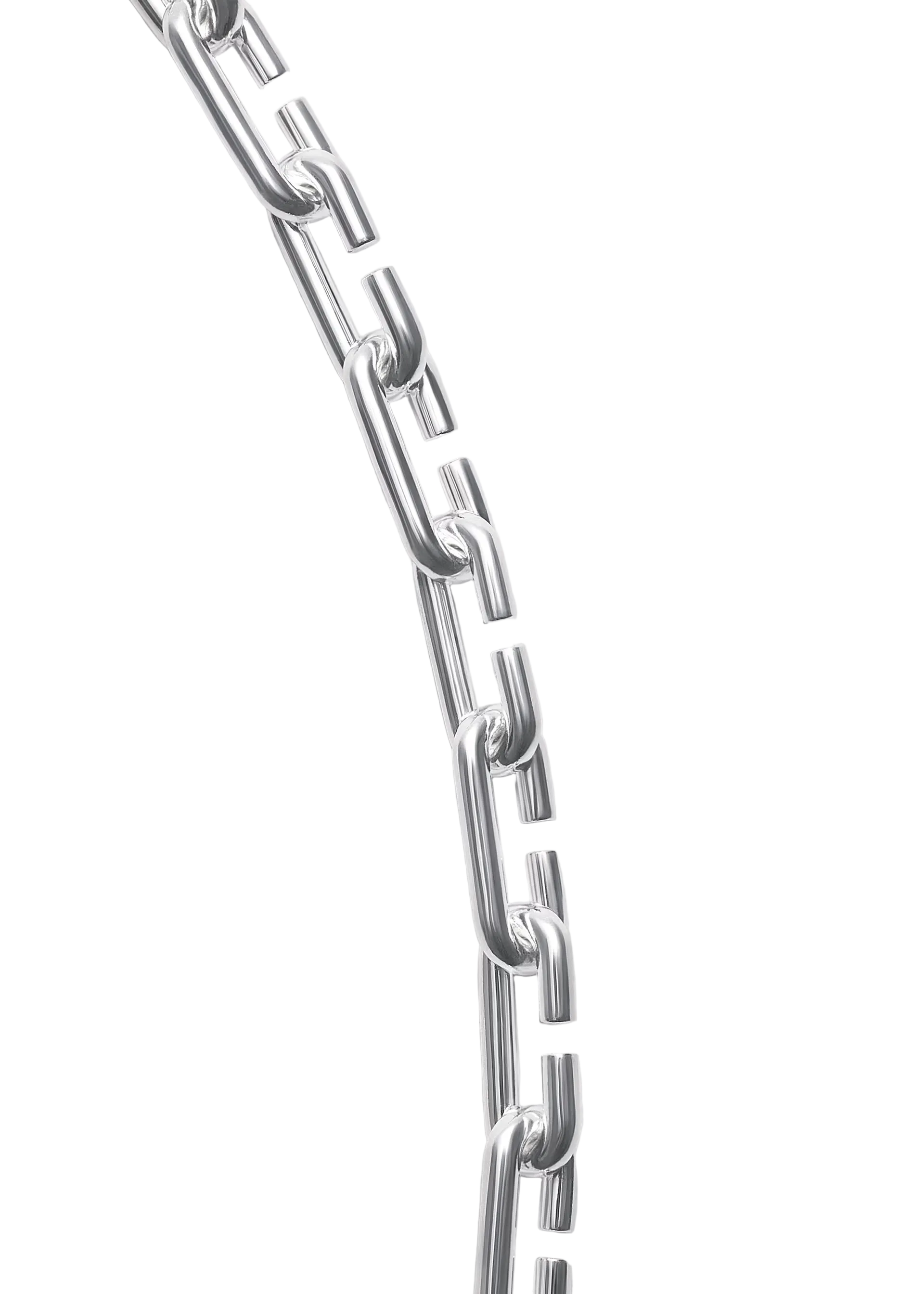 A close-up of a polished silver metal chain with elongated rectangular links, arranged diagonally on a light gray background.