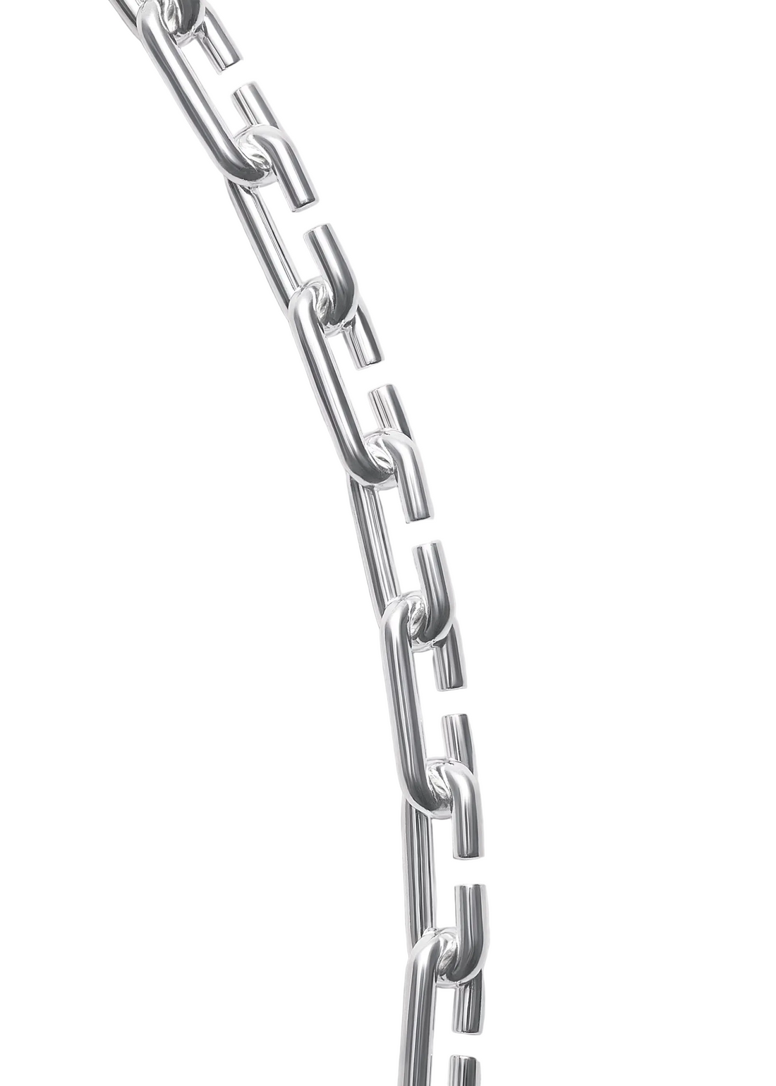 A close-up of a polished silver metal chain with elongated rectangular links, arranged diagonally on a light gray background.