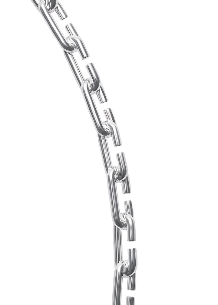A close-up of a polished silver metal chain with elongated rectangular links, arranged diagonally on a light gray background.