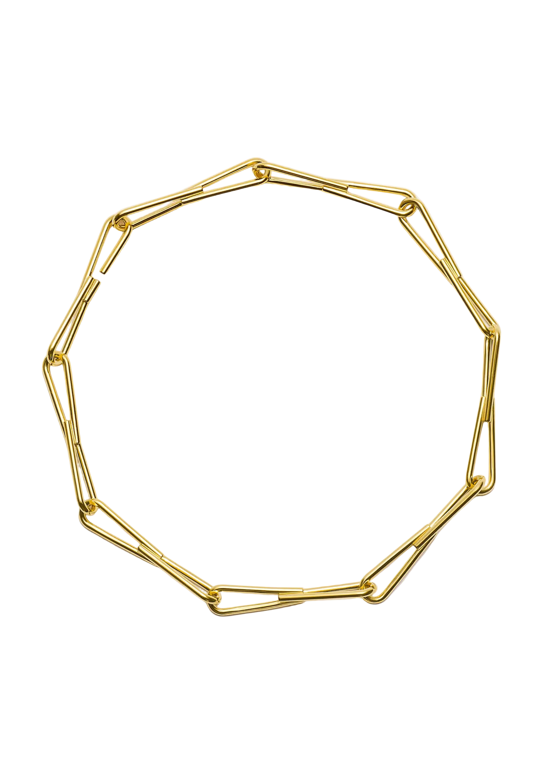 A gold-toned geometric chain-link necklace with elongated paperclip-style links, arranged in a circle on a clean white background.