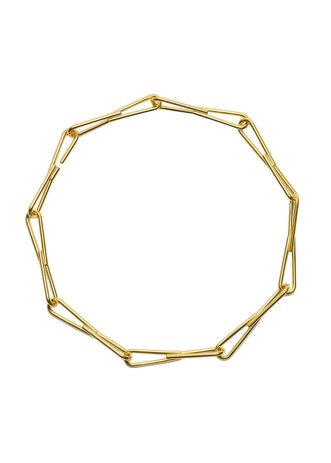 A gold-toned geometric chain-link necklace with elongated paperclip-style links, arranged in a circle on a clean white background.
