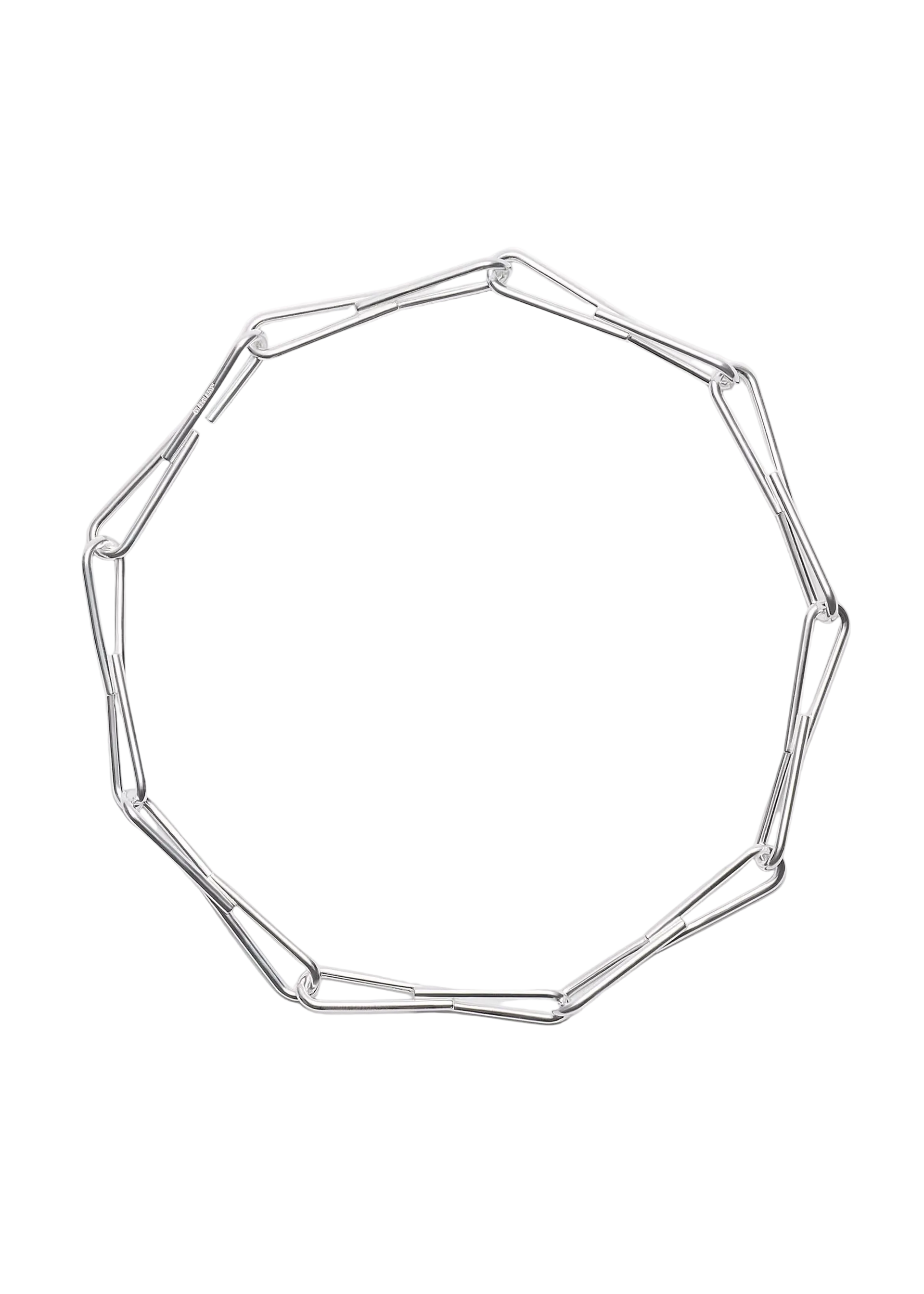A silver-toned geometric link chain necklace arranged in a circle on a clean white background.
