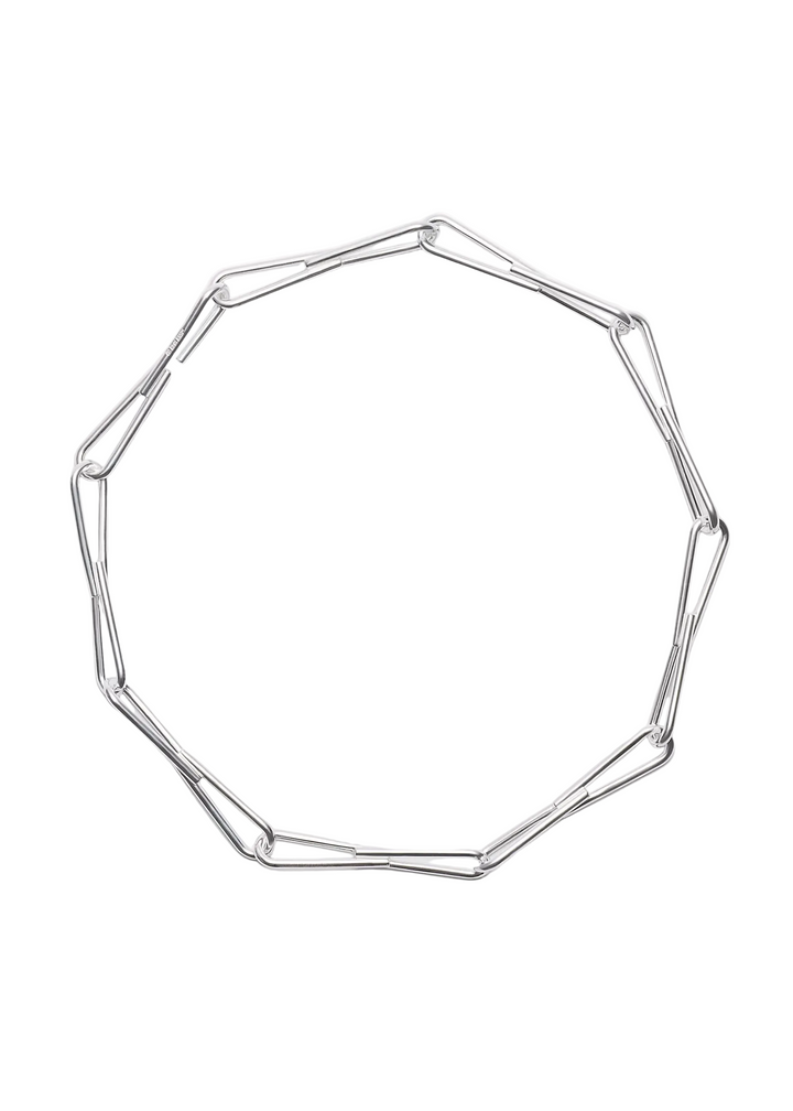 A silver-toned geometric link chain necklace arranged in a circle on a clean white background.