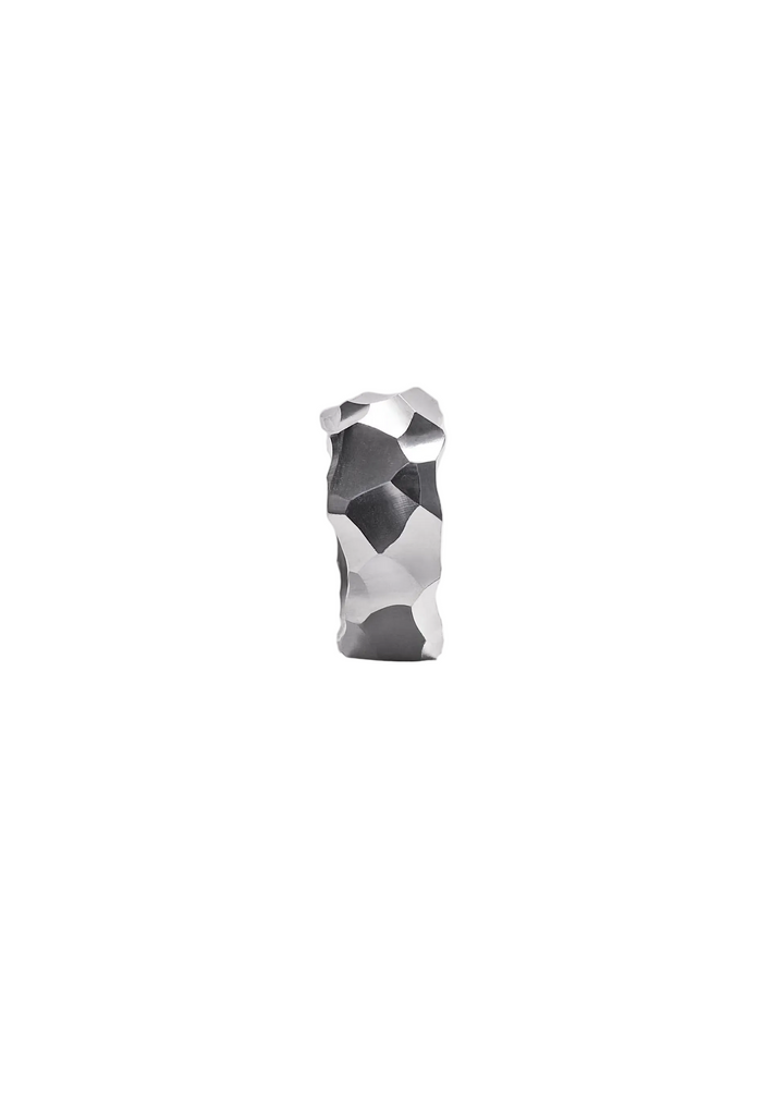 A silver geometric ring with a faceted, multi-sided design, photographed on a clean white background.