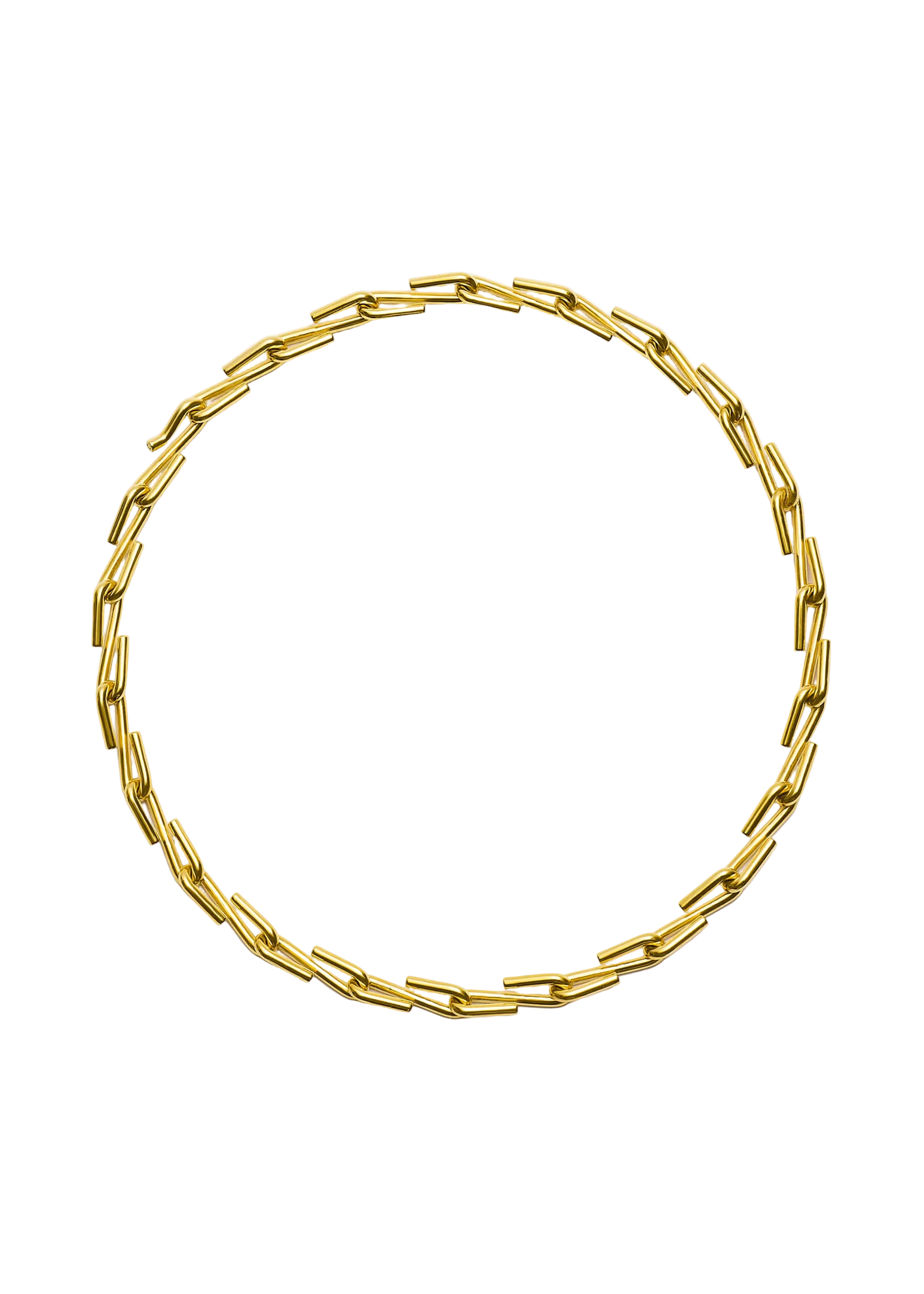 A gold-toned chain necklace with a modern, chunky link design, arranged in a circle on a light gray background.