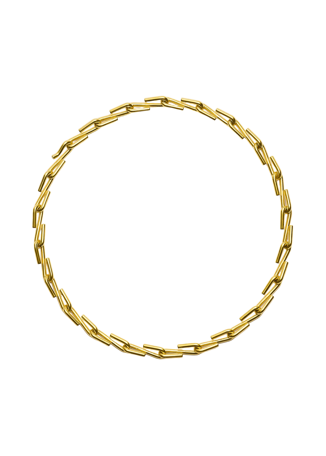 A gold-toned chain necklace with a modern, chunky link design, arranged in a circle on a light gray background.