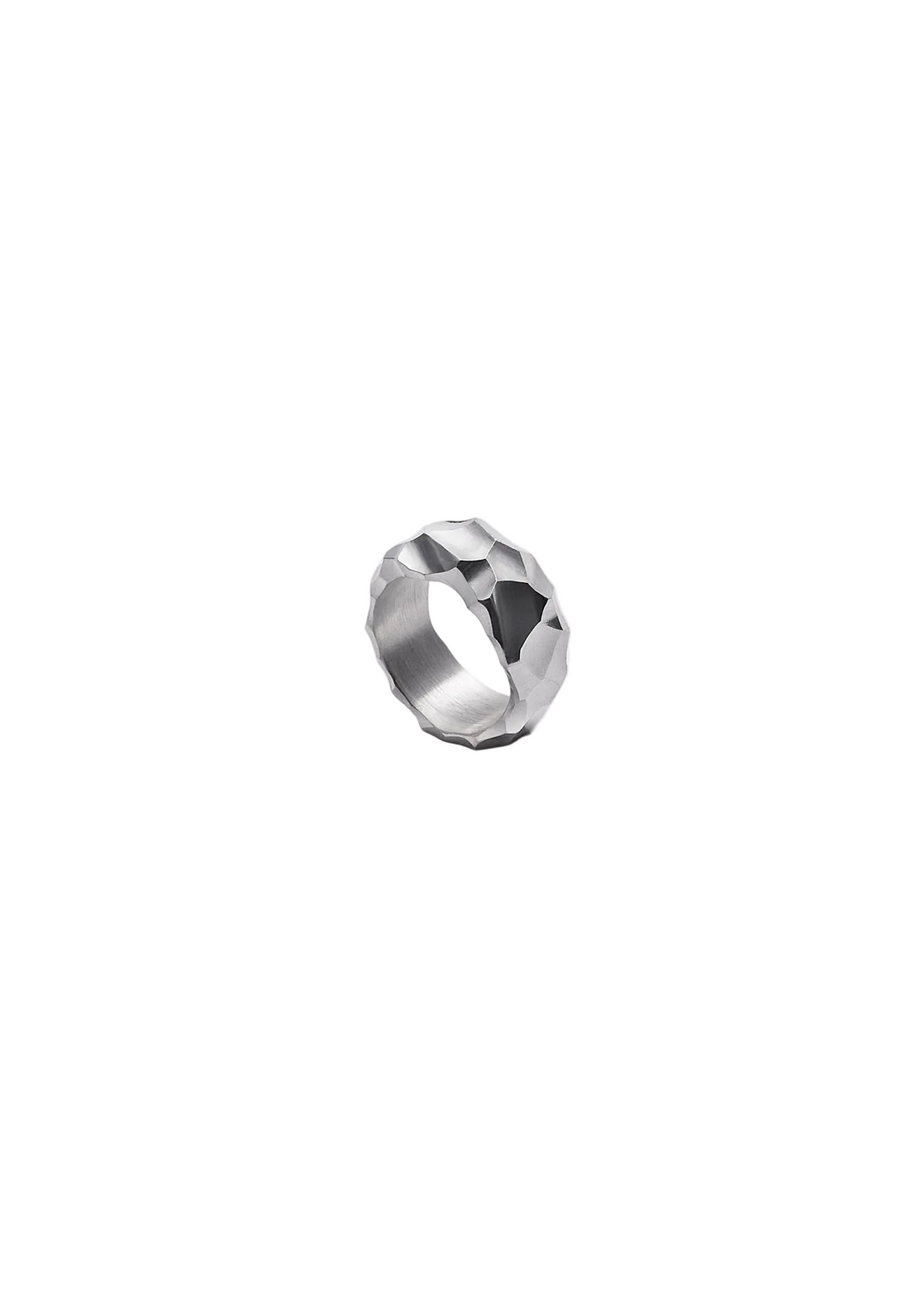 A silver ring with a faceted, geometric textured design, photographed on a clean white background.