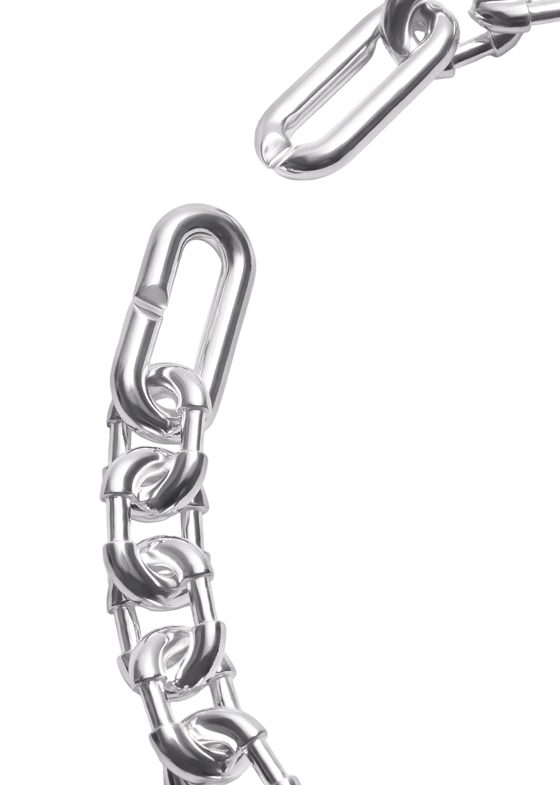 Close-up of a polished silver metal chain with interlocking oval links and a large lobster clasp, photographed on a clean white background.