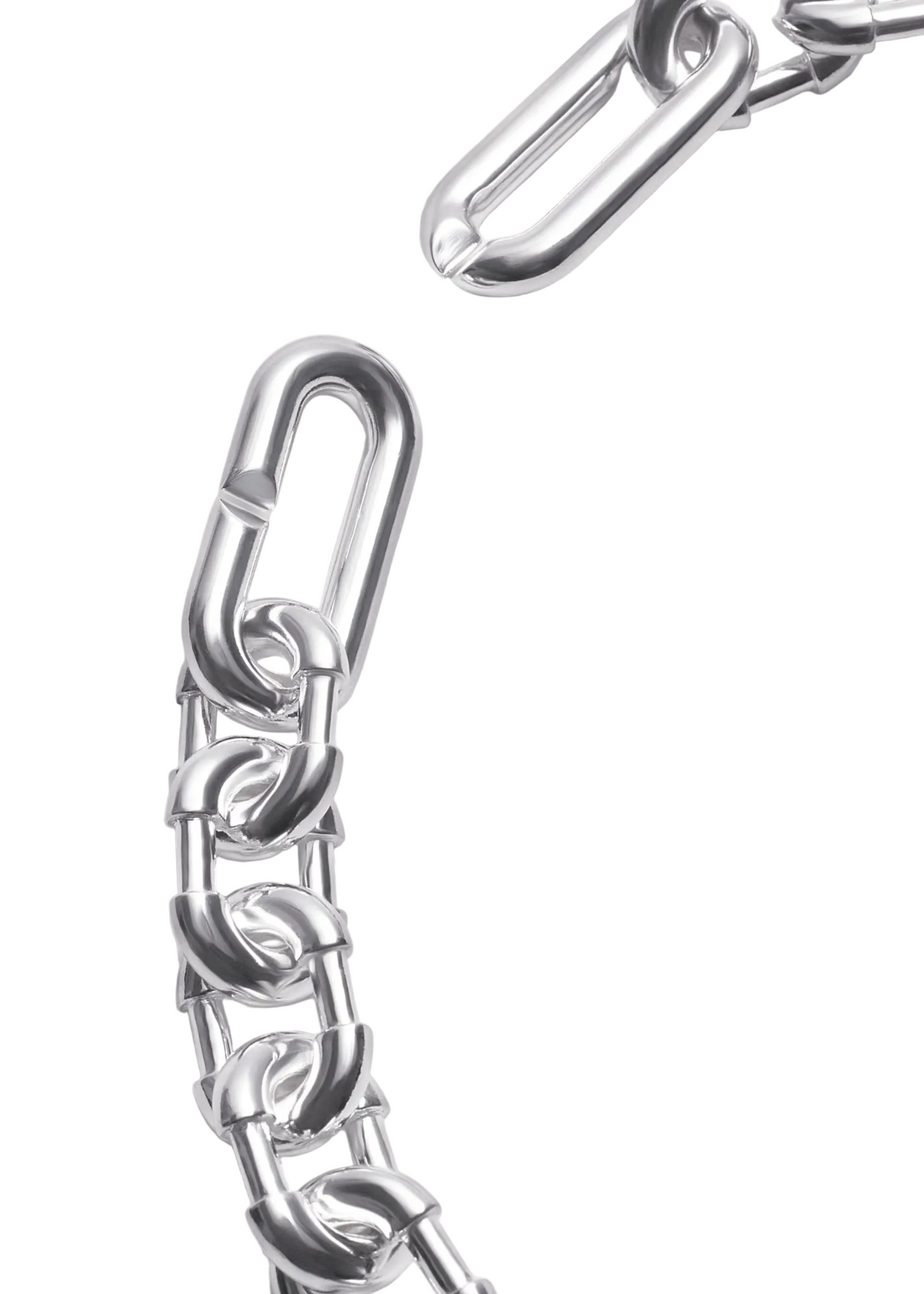 Close-up of a polished silver metal chain with interlocking oval links and a large lobster clasp, photographed on a clean white background.
