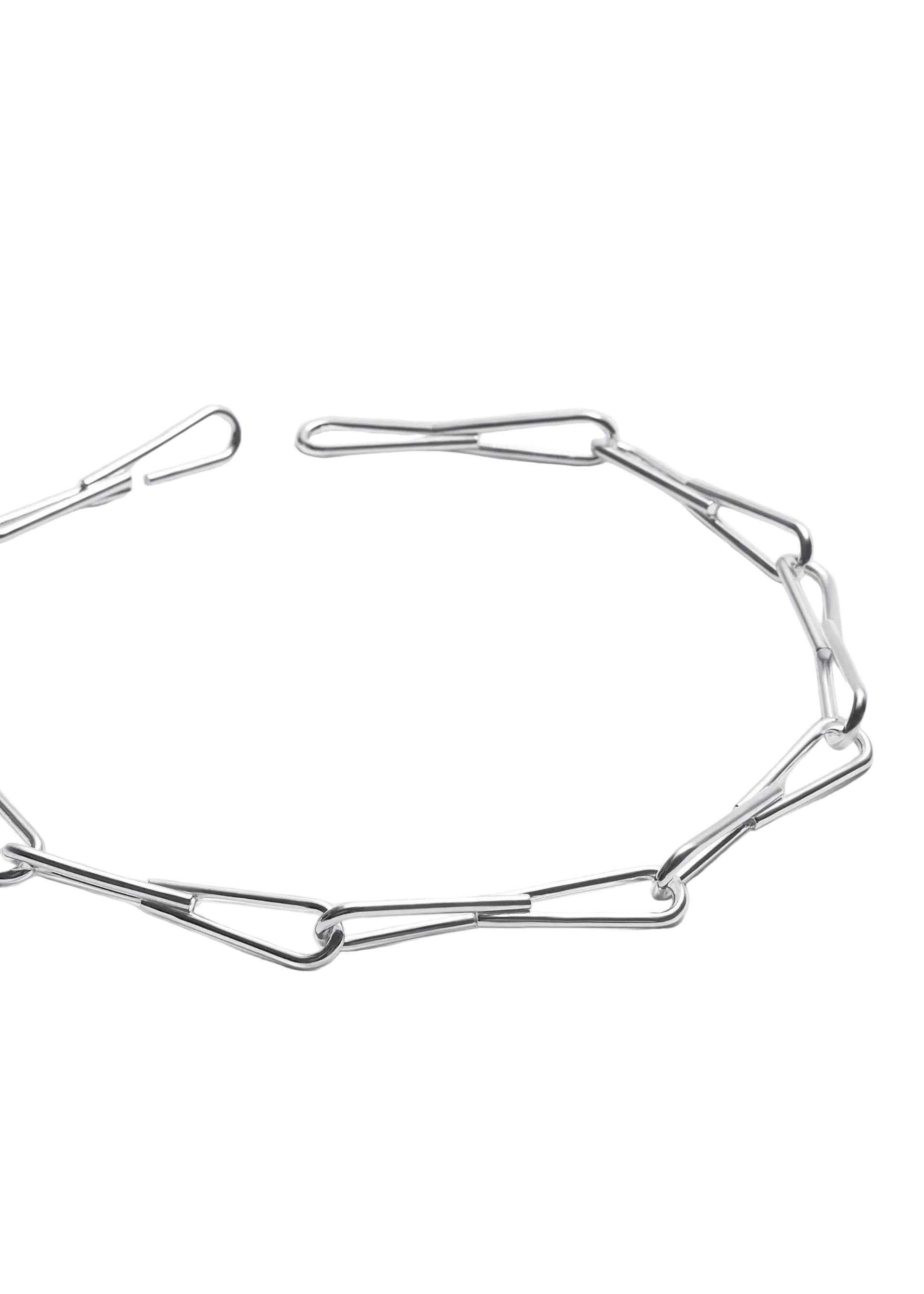 A silver-toned metal link chain accessory with elongated, angular paperclip-style links, photographed on a clean white background.