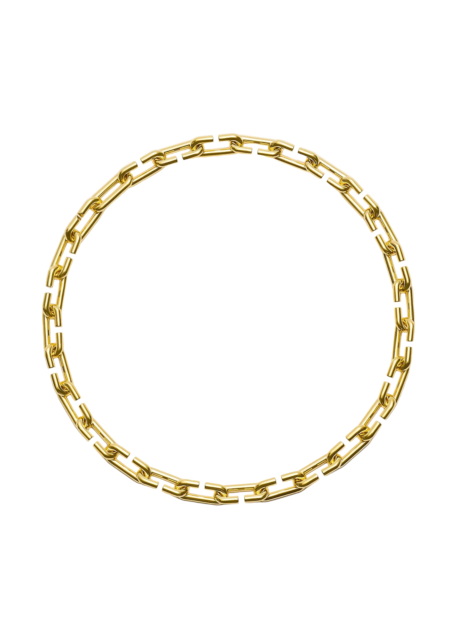 A gold chain necklace with oversized interlocking links, arranged in a circle on a plain light gray background.