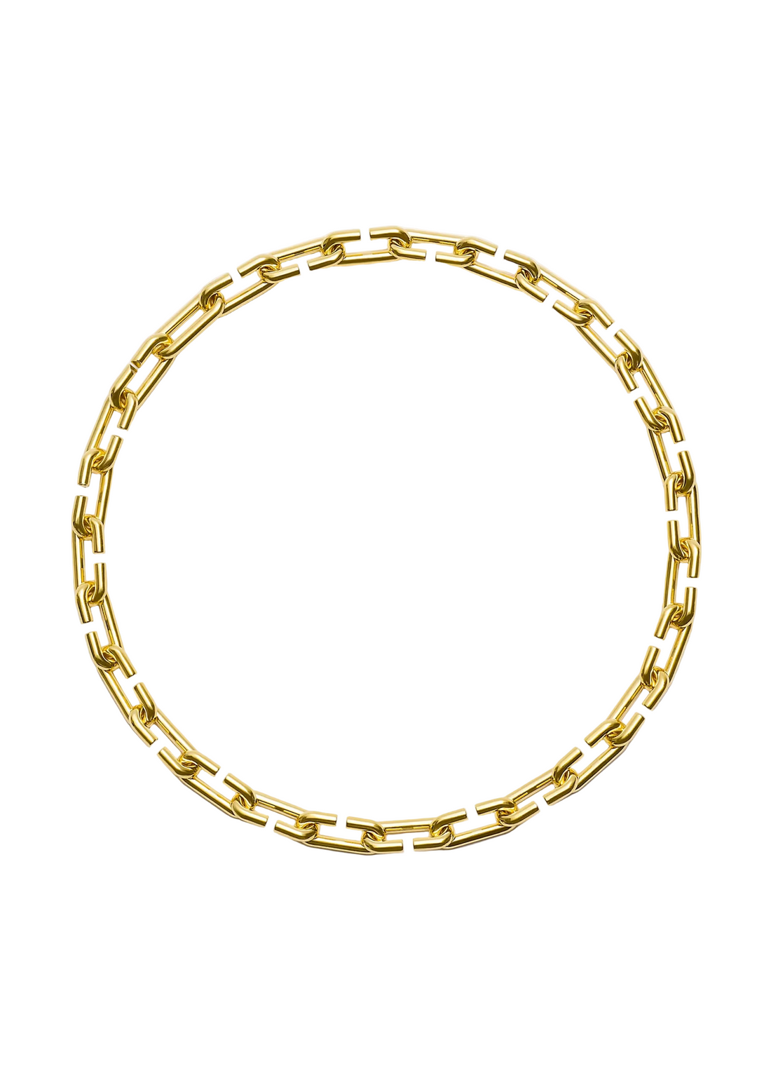 A gold chain necklace with oversized interlocking links, arranged in a circle on a plain light gray background.