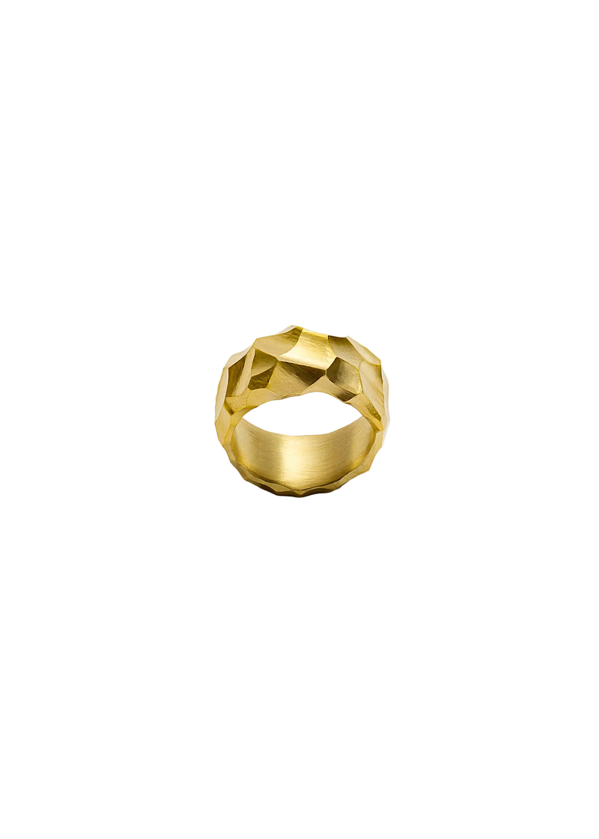 A textured, faceted gold ring photographed from above on a clean, light gray background.
