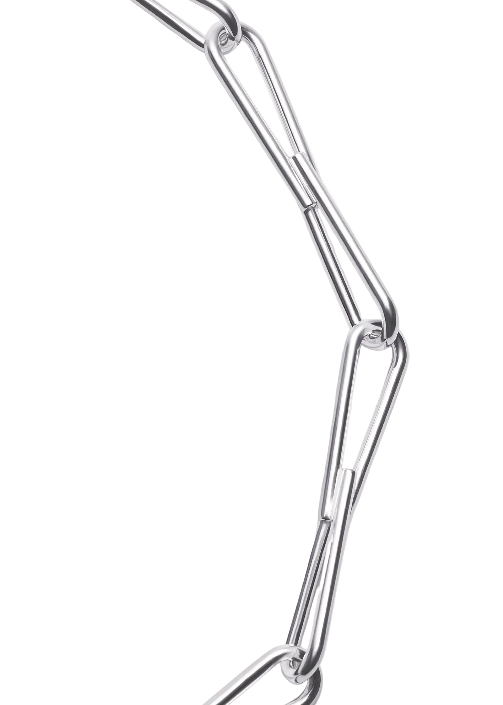 A close-up of a polished silver metal chain with elongated, interlocking links on a plain light gray background.
