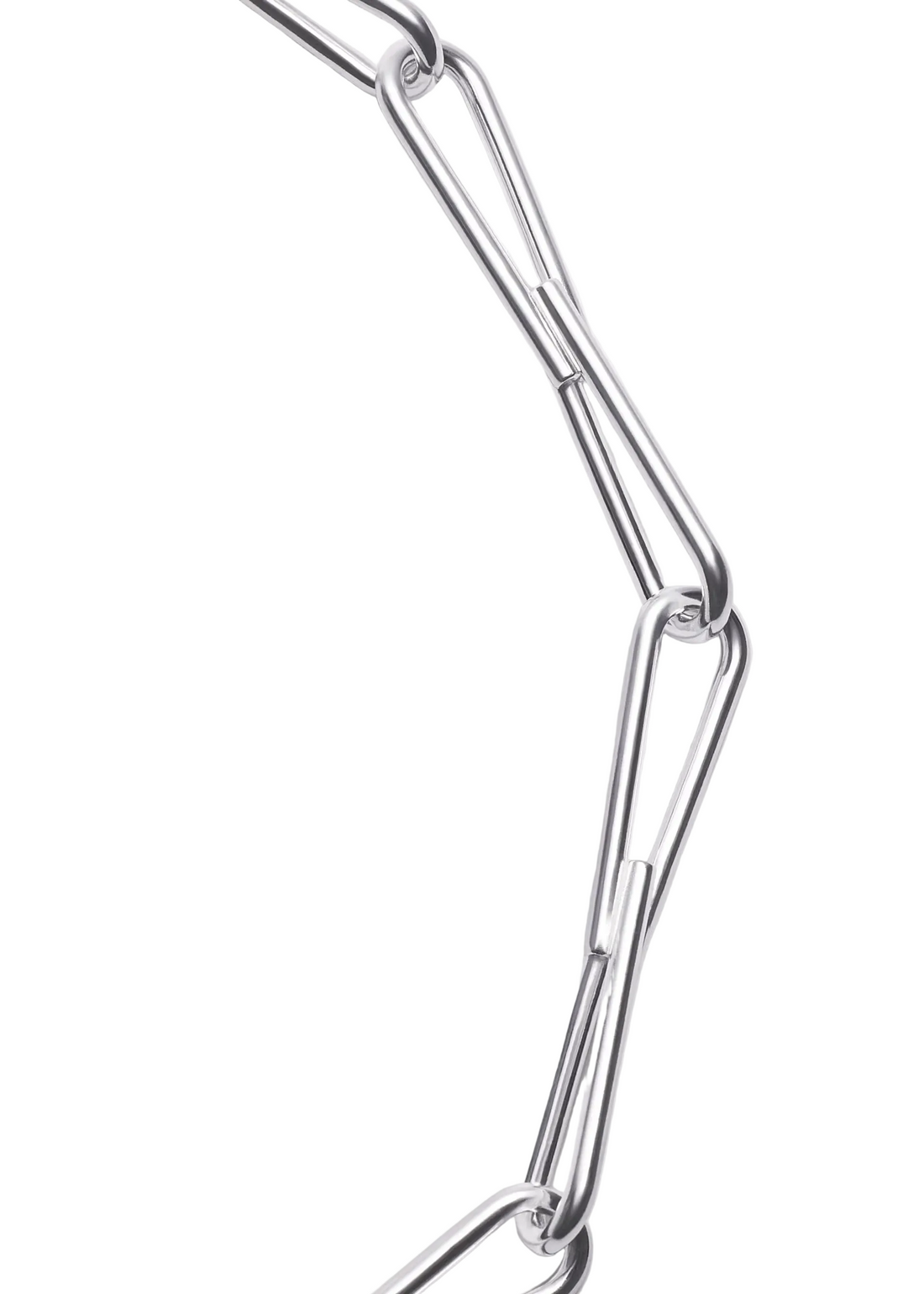 A close-up of a polished silver metal chain with elongated, interlocking links on a plain light gray background.