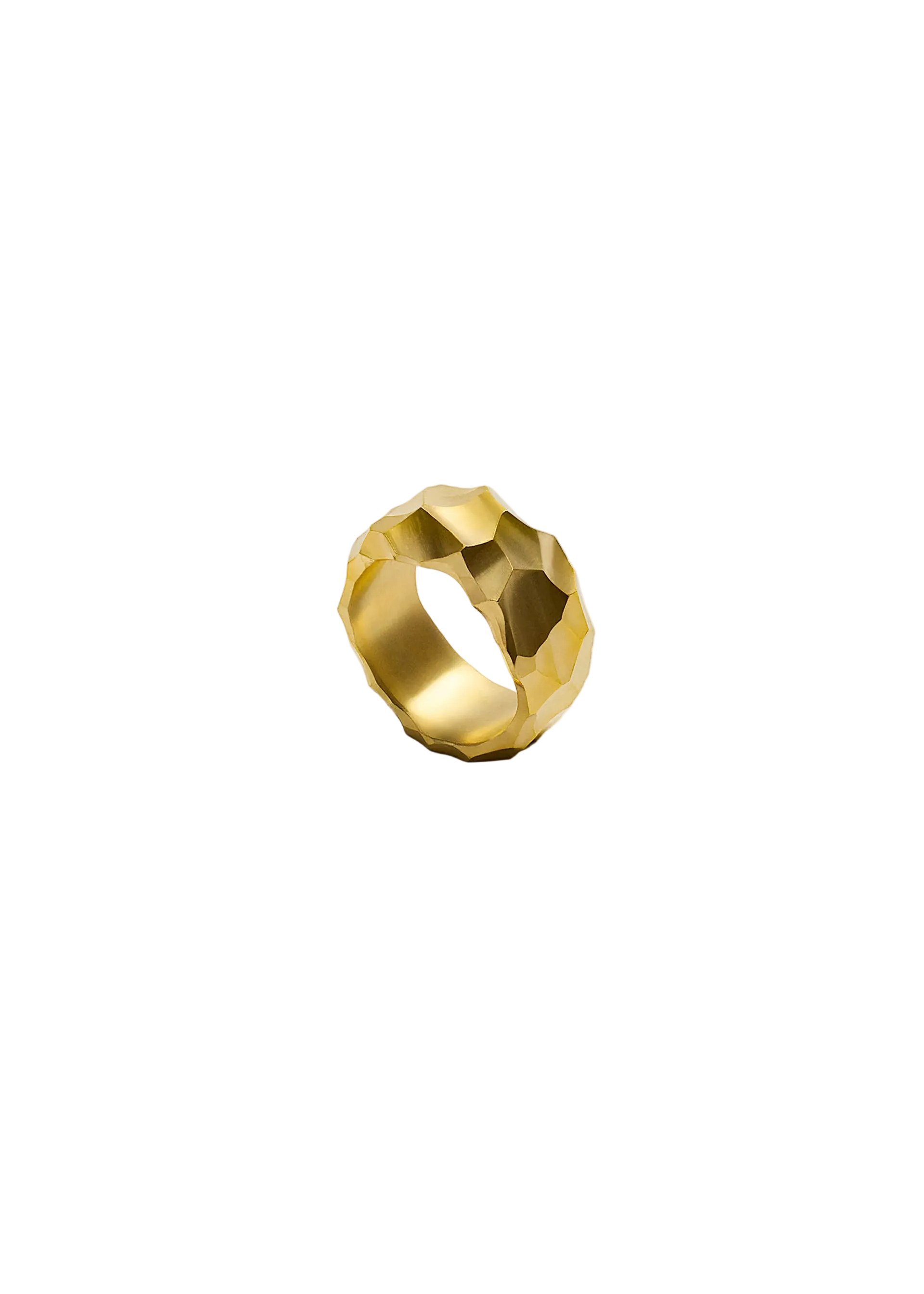 A gold ring with a faceted, geometric textured design, photographed on a clean white background.