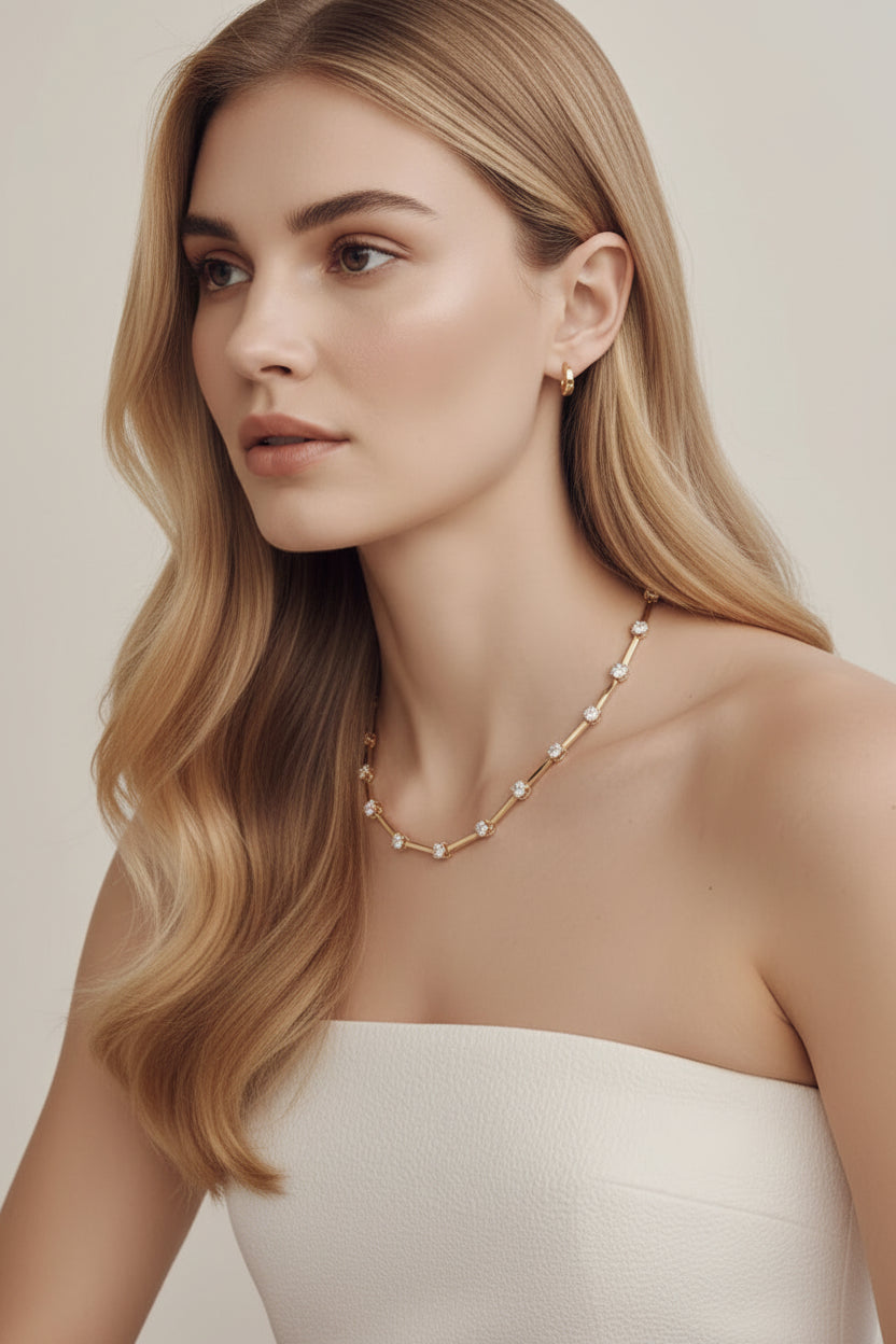 Gold & Silver Diamond Necklace for Women | Elegant Crystal Link Chain Necklace