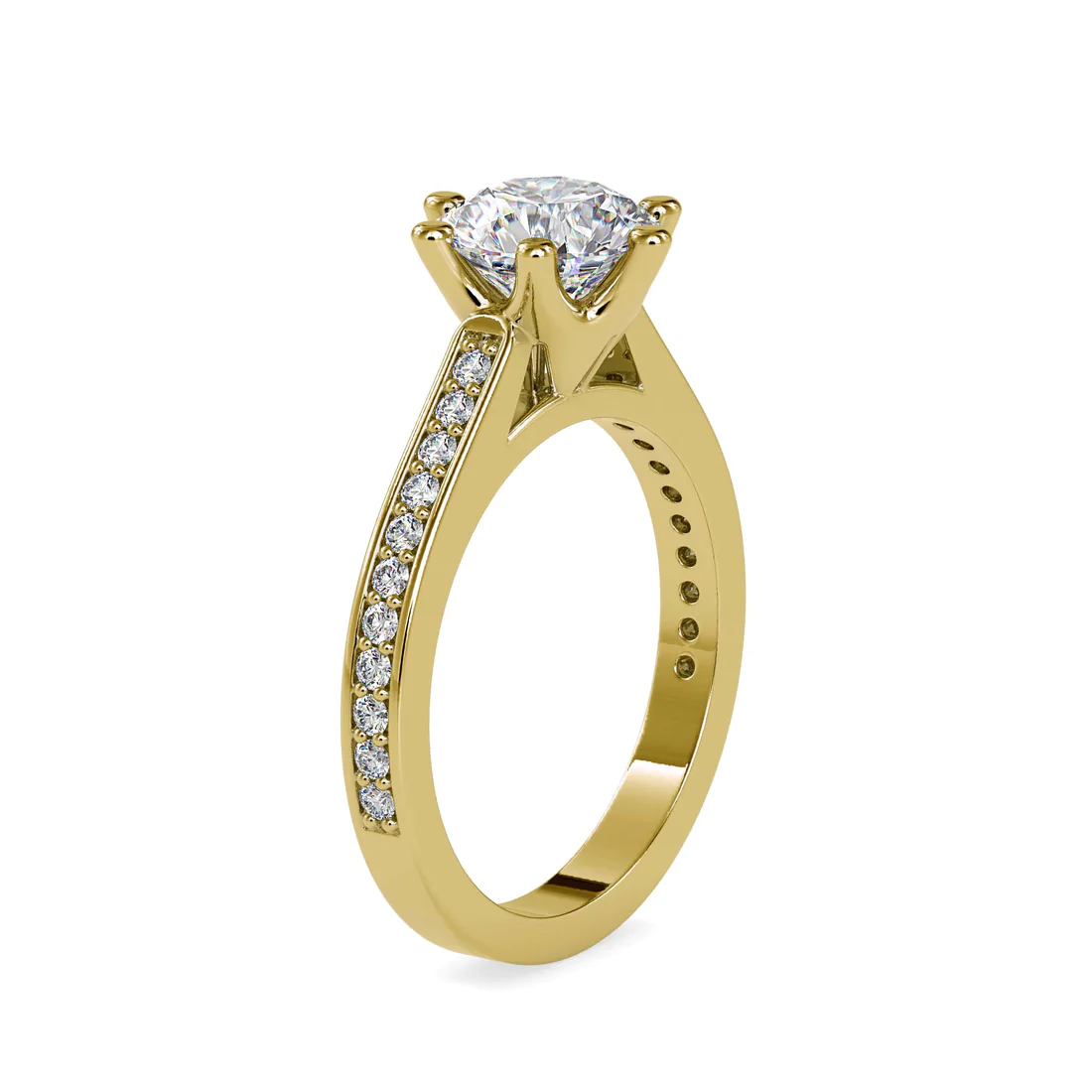 Round Cut Solitaire Diamond Engagement Ring with Pavé Band in 14K White Gold | Classic Bridal Ring