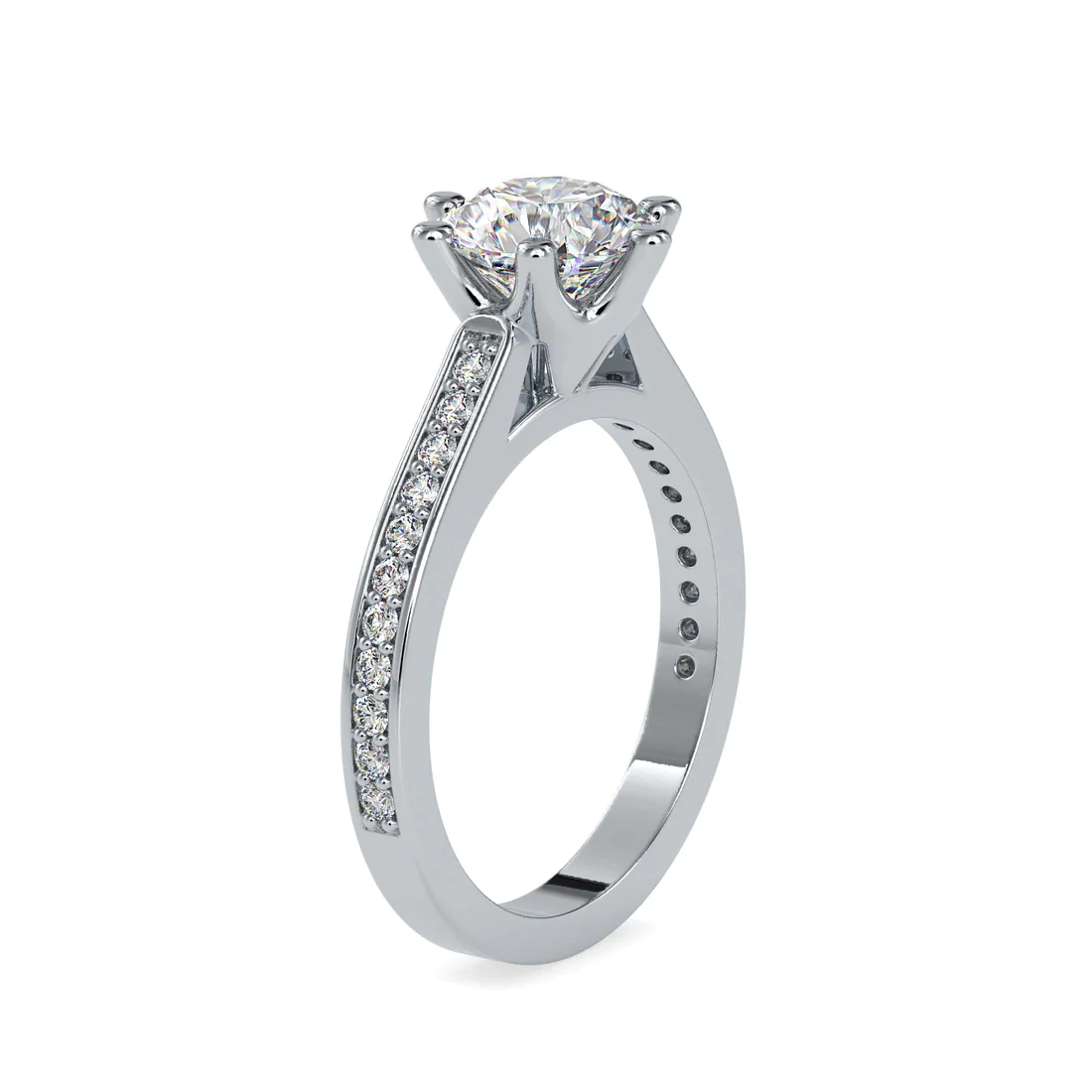 Round Cut Solitaire Diamond Engagement Ring with Pavé Band in 14K White Gold | Classic Bridal Ring