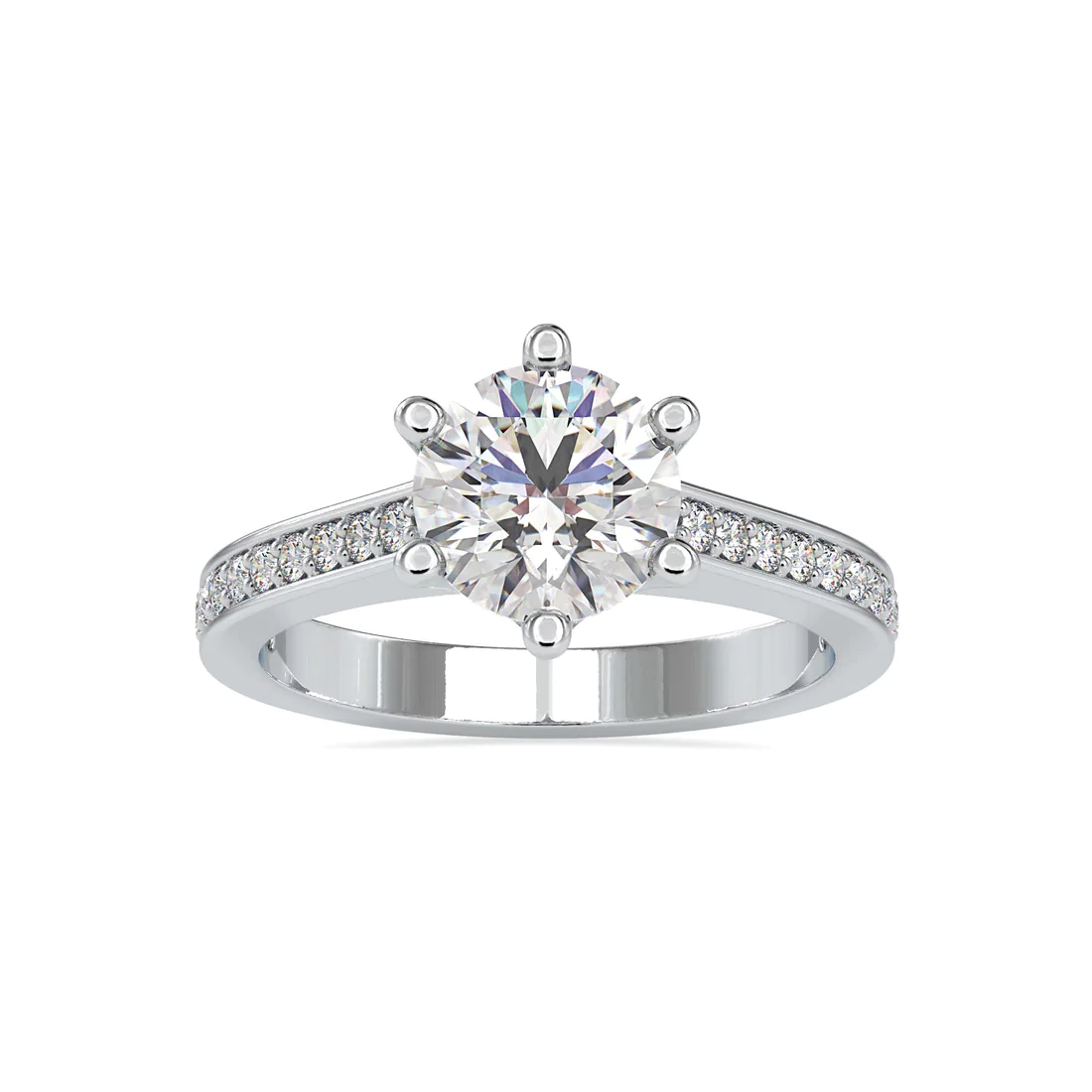 Round Cut Solitaire Diamond Engagement Ring with Pavé Band in 14K White Gold | Classic Bridal Ring