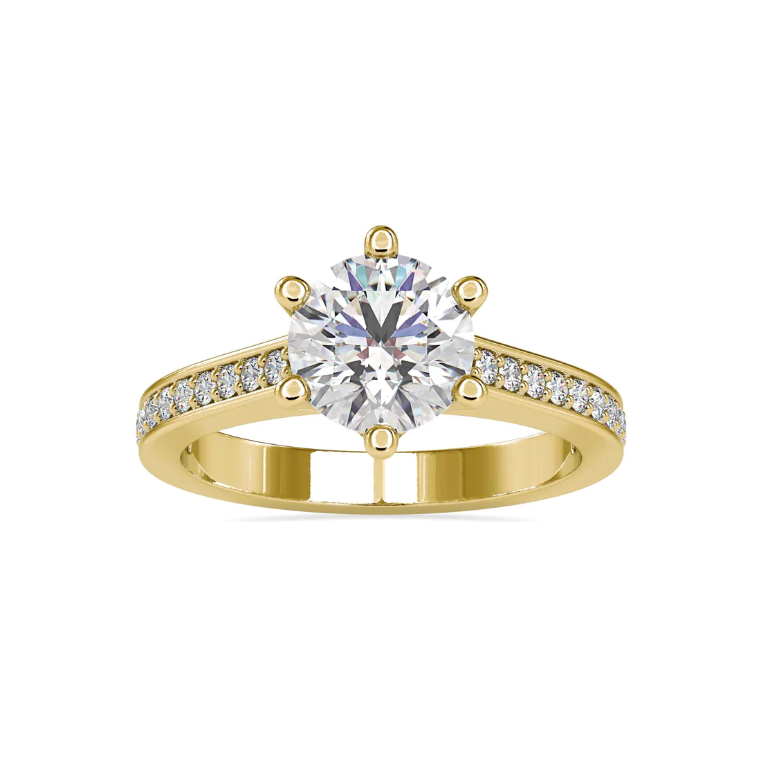 Round Cut Solitaire Diamond Engagement Ring with Pavé Band in 14K White Gold | Classic Bridal Ring