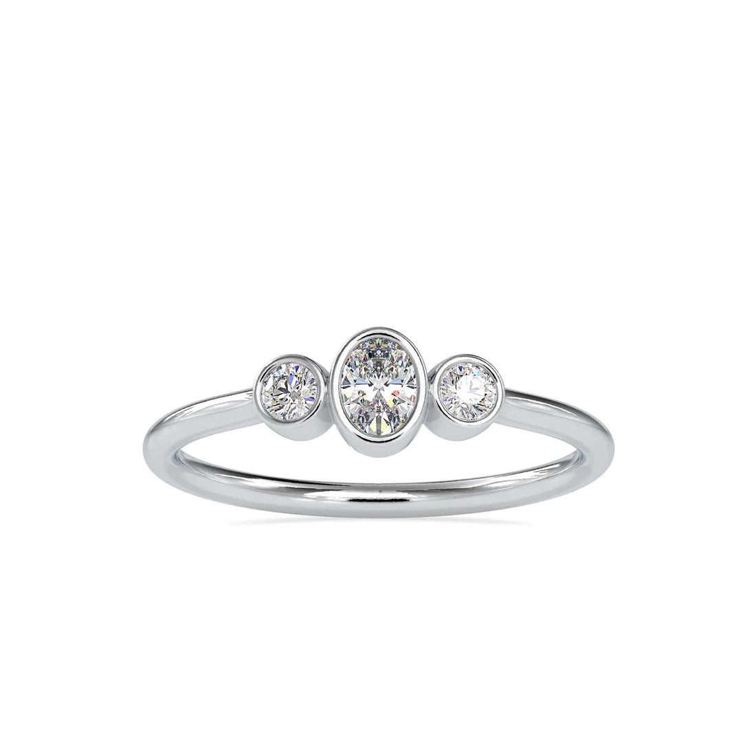 Three Stone Bezel Set Oval & Round Diamond Ring in 14K White & Yellow Gold | Minimalist Engagement Ring