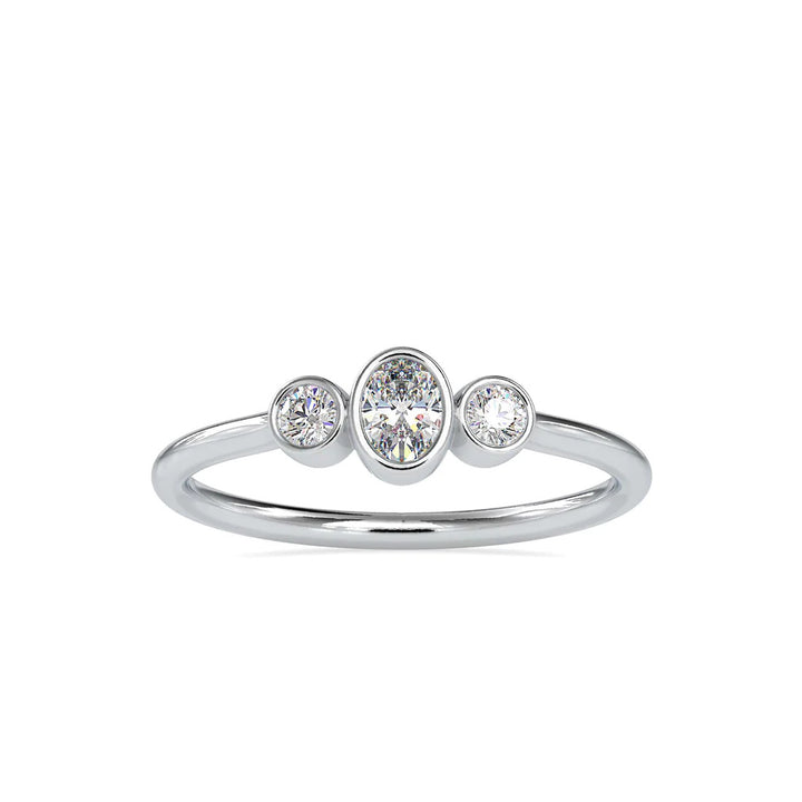 Three Stone Bezel Set Oval & Round Diamond Ring in 14K White & Yellow Gold | Minimalist Engagement Ring