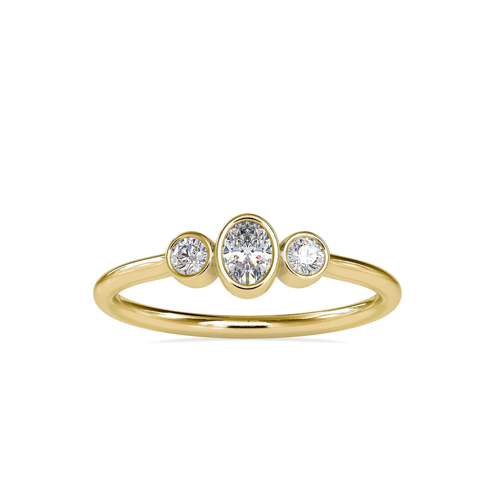 Three Stone Bezel Set Oval & Round Diamond Ring in 14K White & Yellow Gold | Minimalist Engagement Ring