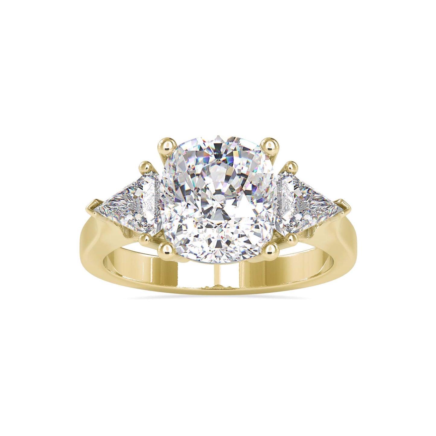 3 Stone Cushion Cut Diamond Engagement Ring with Trillion Side Stones | Yellow Gold & White Gold