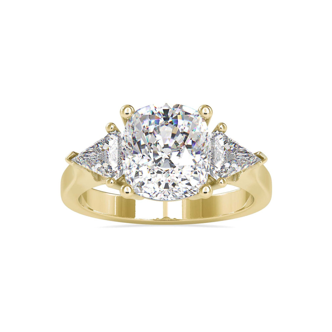 3 Stone Cushion Cut Diamond Engagement Ring with Trillion Side Stones | Yellow Gold & White Gold