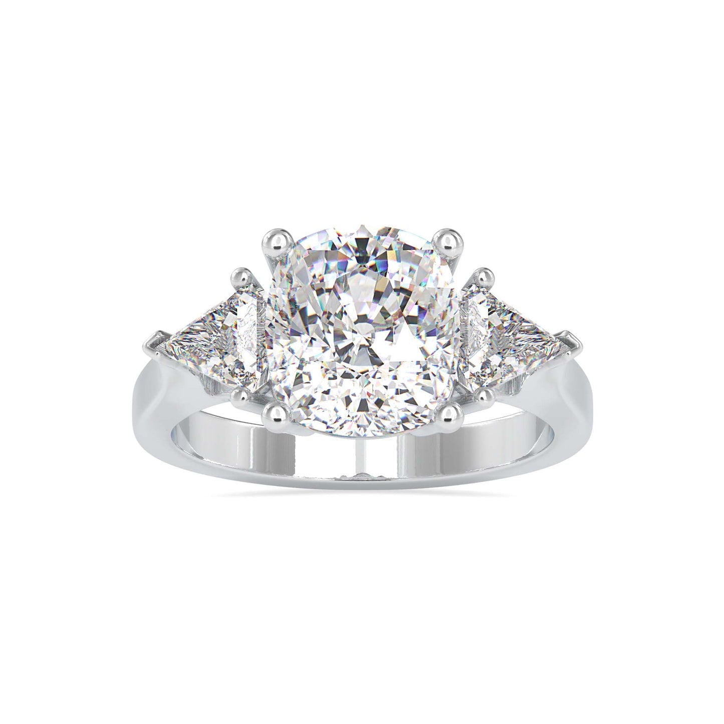 3 Stone Cushion Cut Diamond Engagement Ring with Trillion Side Stones | Yellow Gold & White Gold