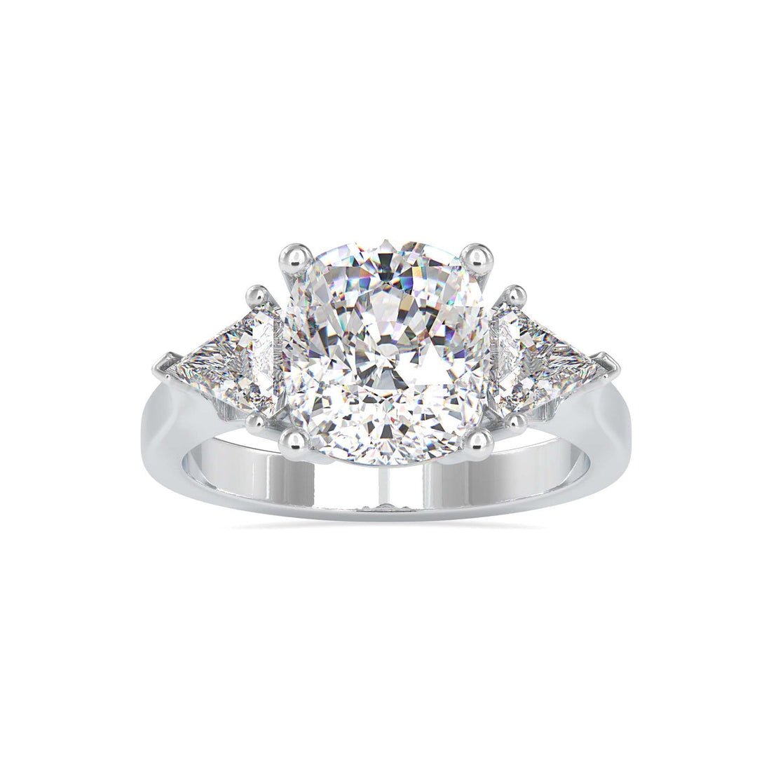 3 Stone Cushion Cut Diamond Engagement Ring with Trillion Side Stones | Yellow Gold & White Gold