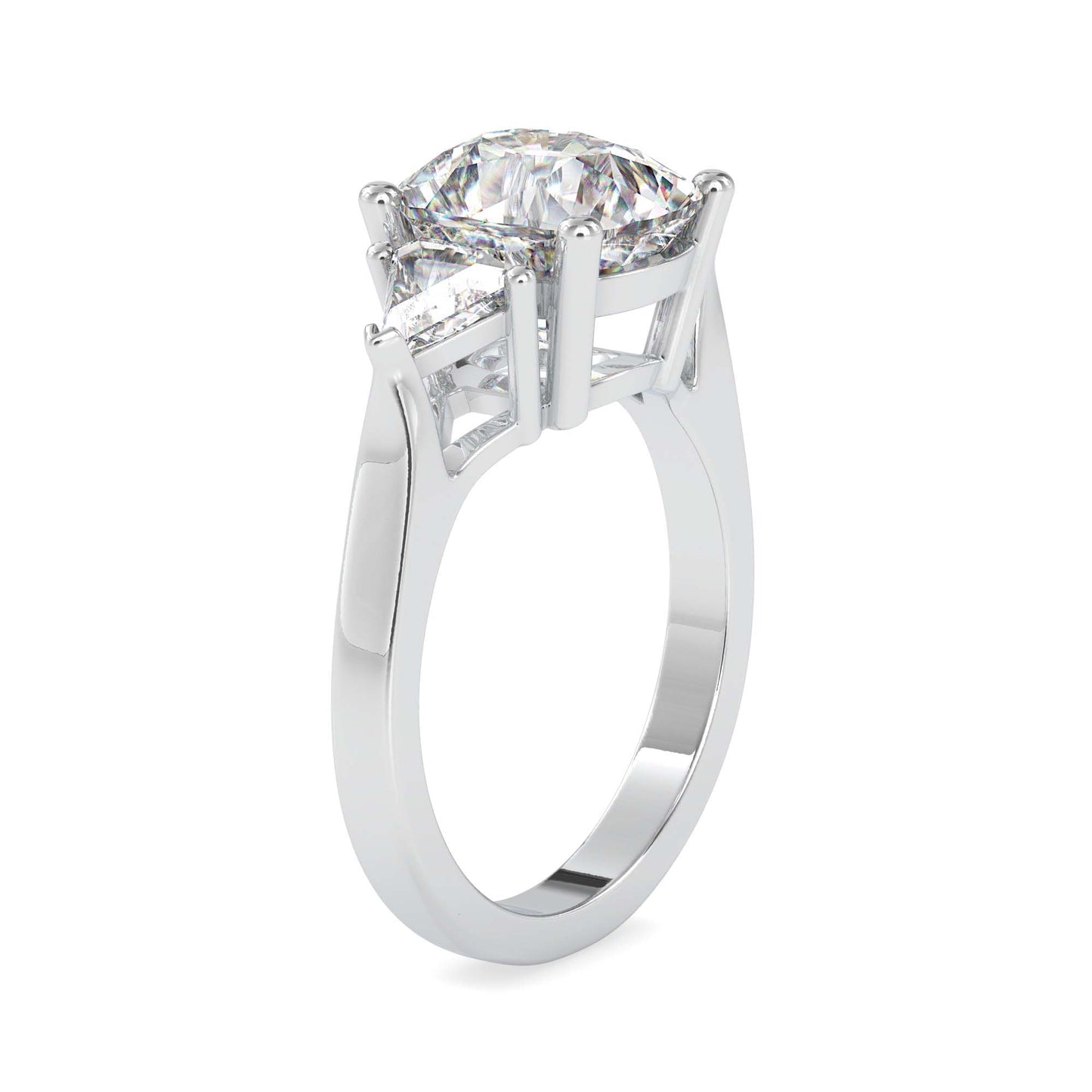 3 Stone Cushion Cut Diamond Engagement Ring with Trillion Side Stones | Yellow Gold & White Gold