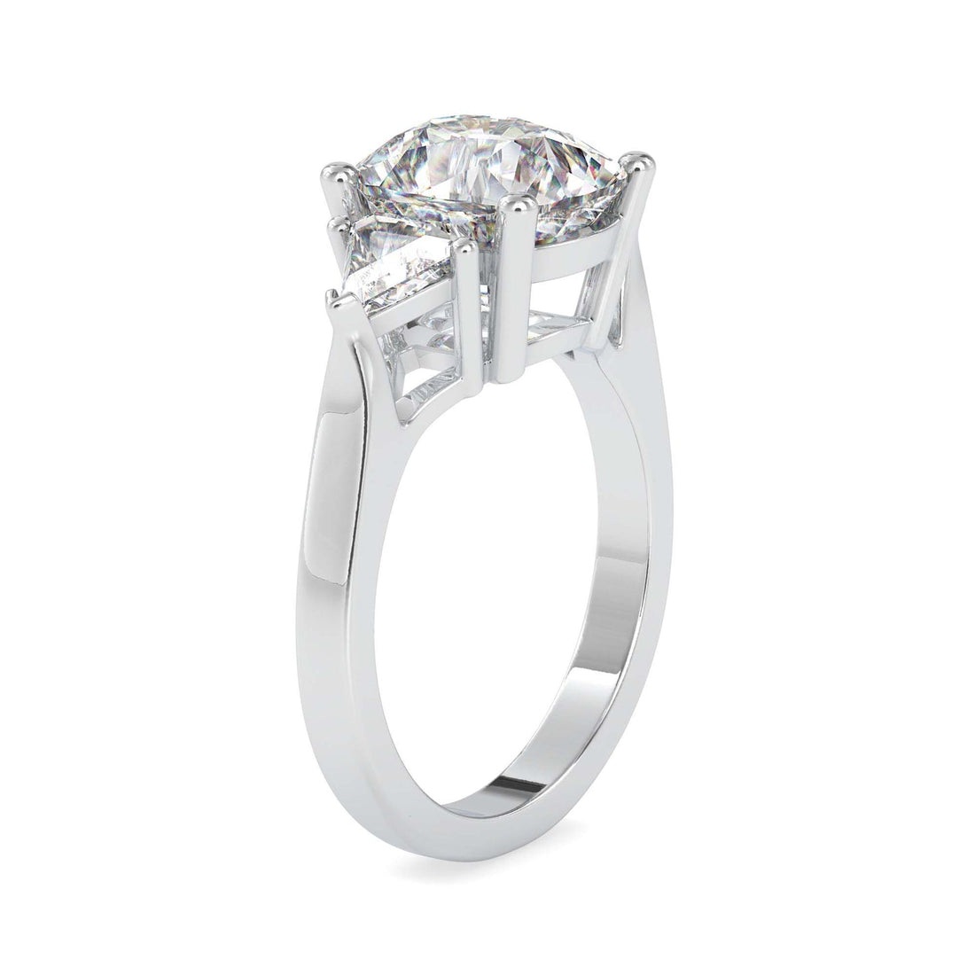 3 Stone Cushion Cut Diamond Engagement Ring with Trillion Side Stones | Yellow Gold & White Gold