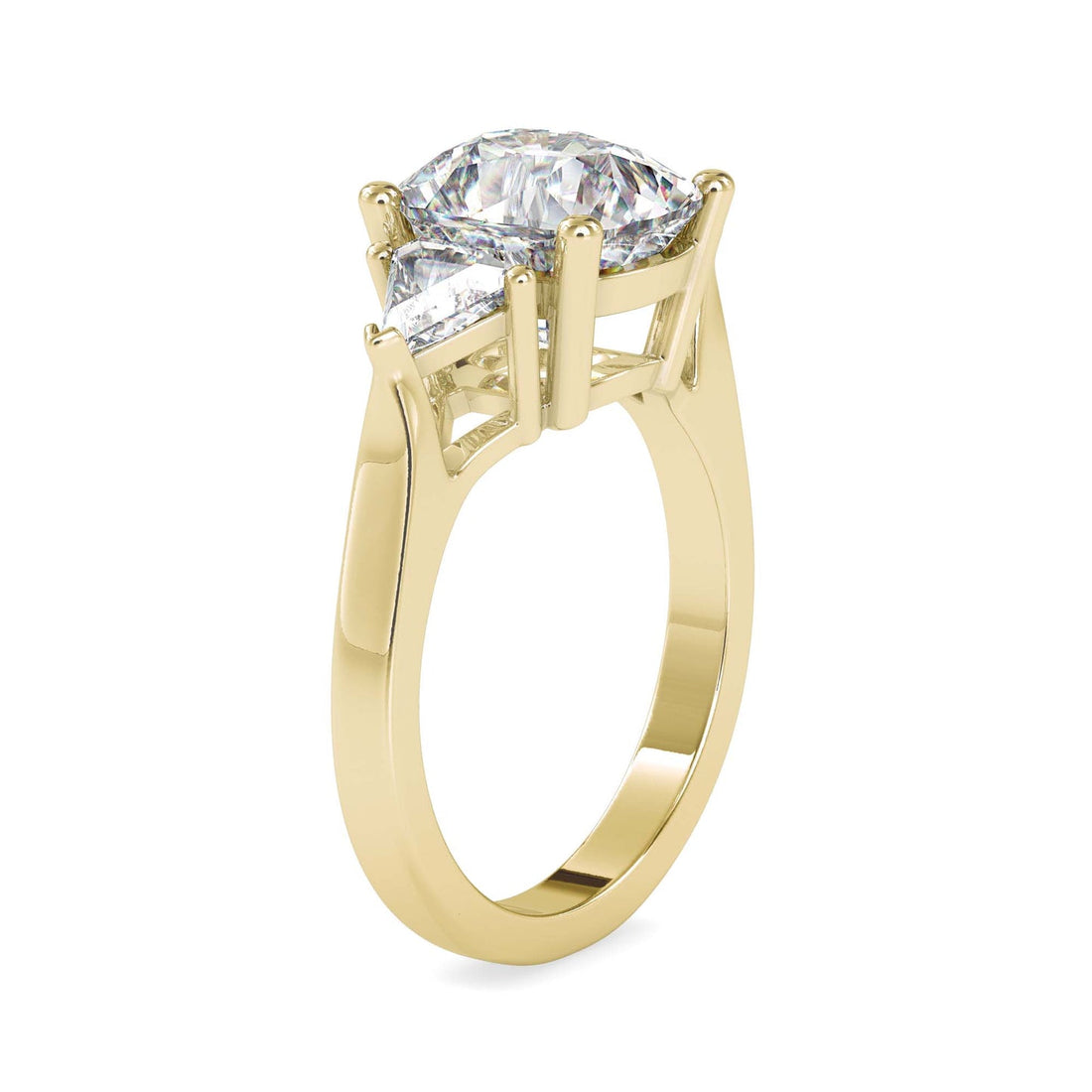 3 Stone Cushion Cut Diamond Engagement Ring with Trillion Side Stones | Yellow Gold & White Gold
