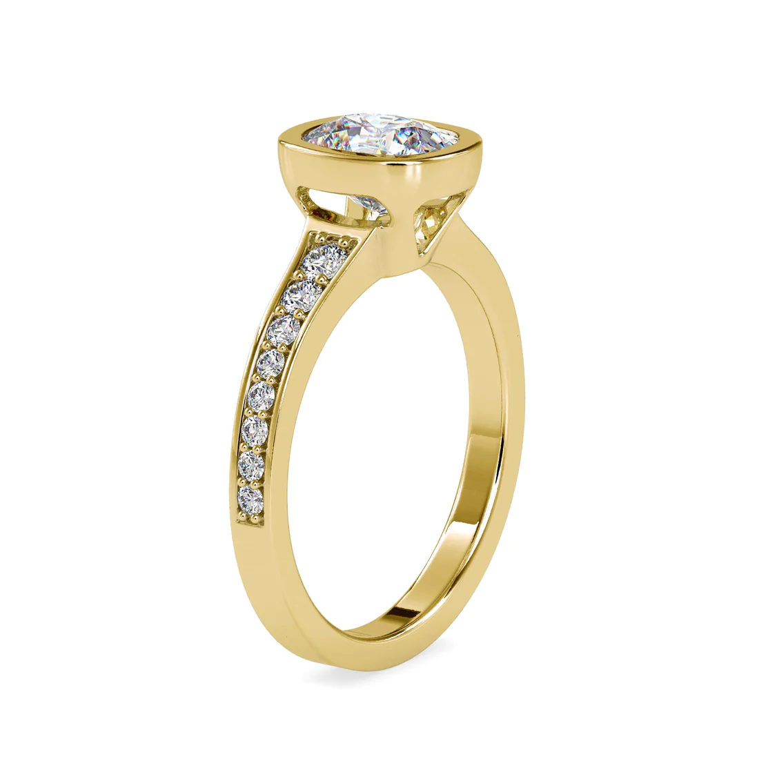 Cushion Cut Bezel Set Diamond Engagement Ring in 14K White Gold | Pavé Band