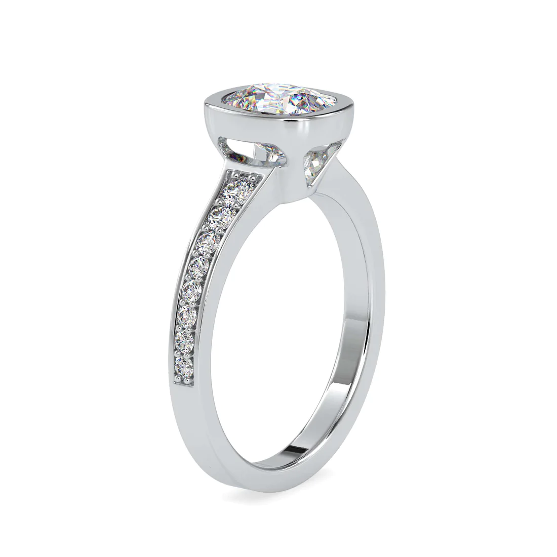 Cushion Cut Bezel Set Diamond Engagement Ring in 14K White Gold | Pavé Band