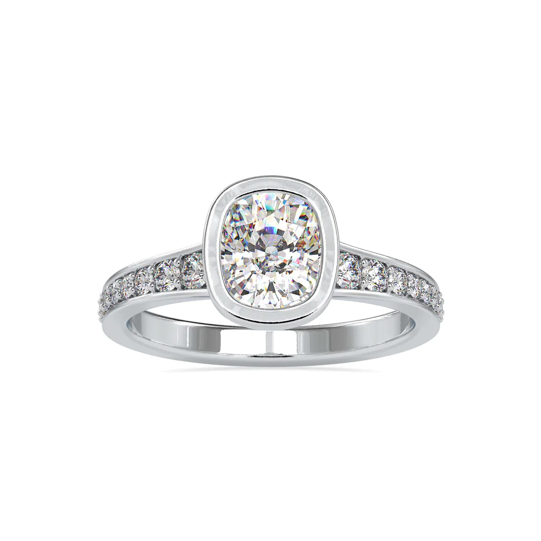 Cushion Cut Bezel Set Diamond Engagement Ring in 14K White Gold | Pavé Band