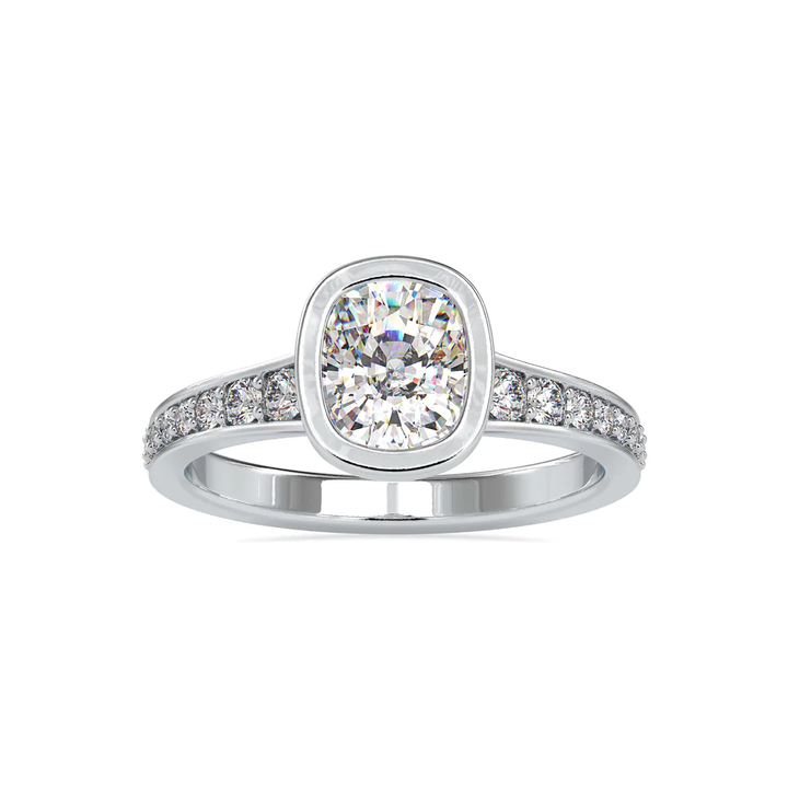 Cushion Cut Bezel Set Diamond Engagement Ring in 14K White Gold | Pavé Band