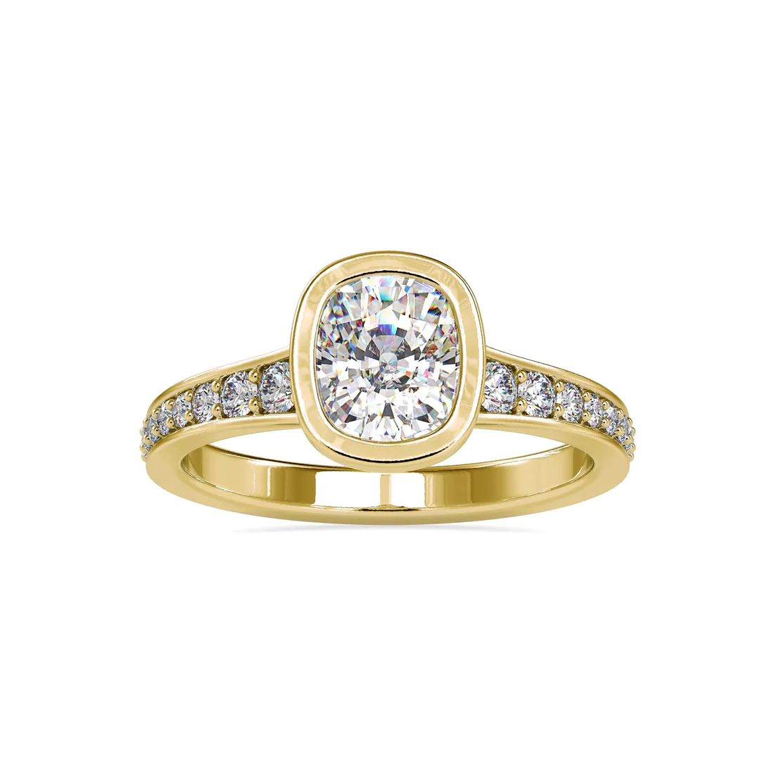 Cushion Cut Bezel Set Diamond Engagement Ring in 14K White Gold | Pavé Band