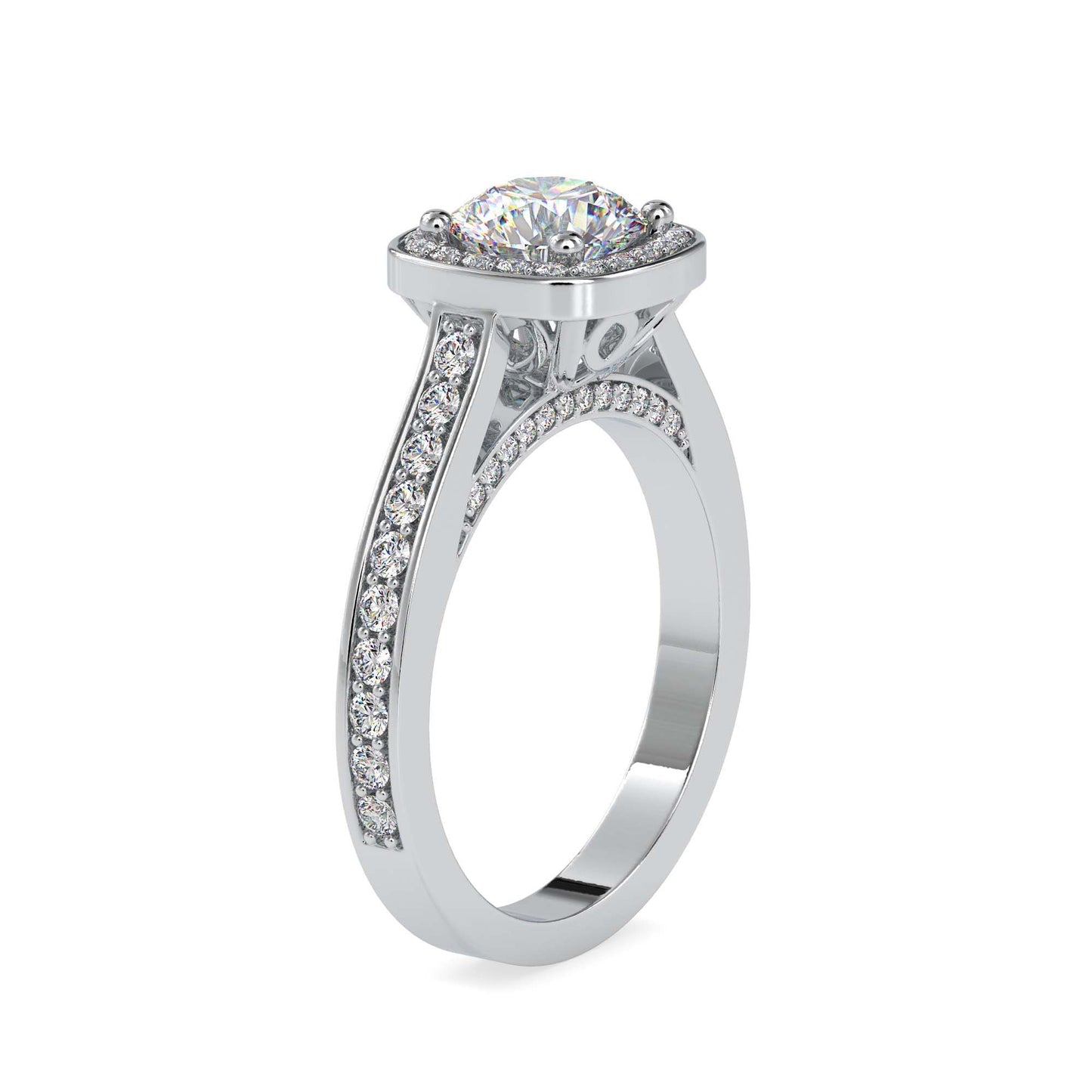 Round Brilliant Halo Diamond Engagement Ring with Pavé Band | Available in White & Yellow Gold