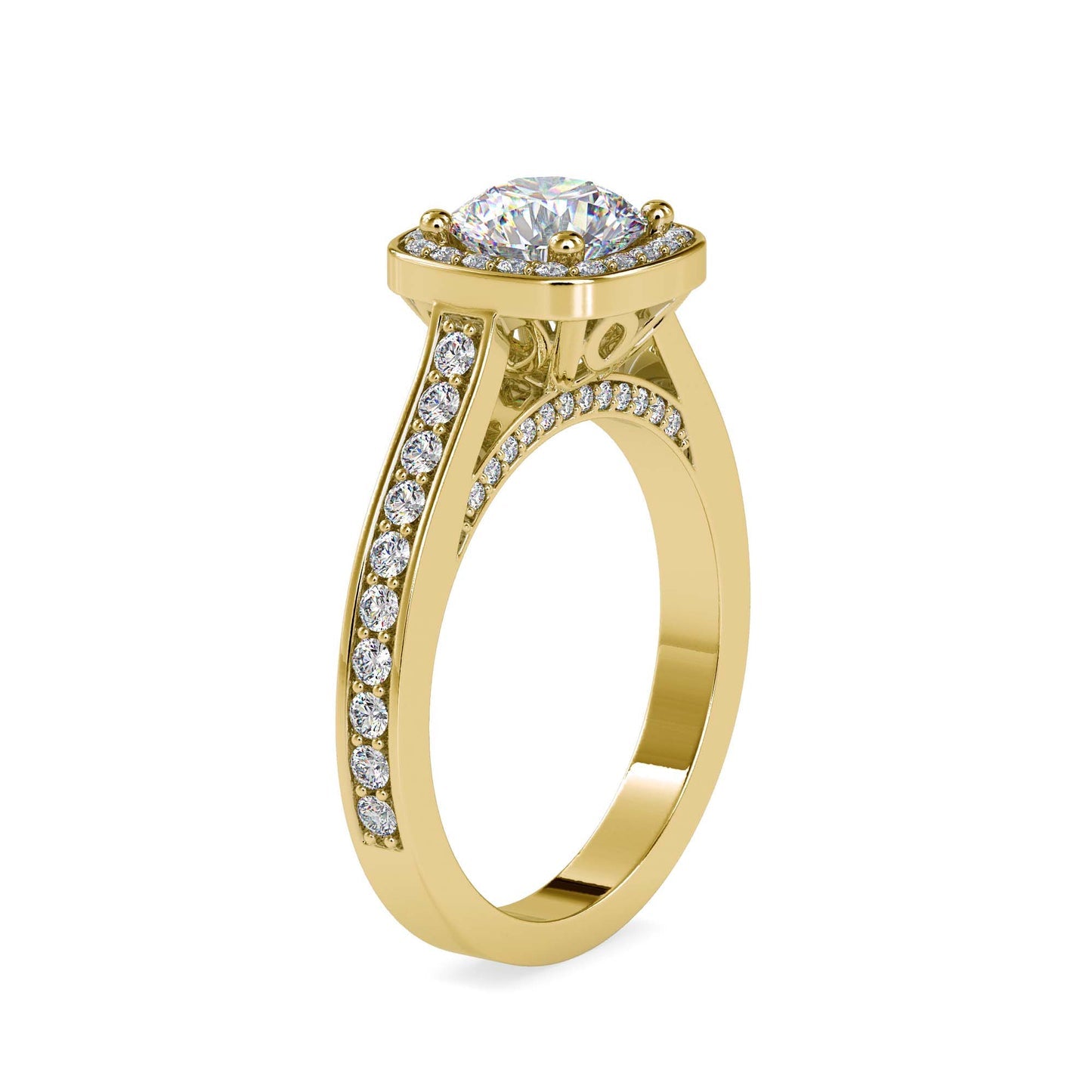 Round Brilliant Halo Diamond Engagement Ring with Pavé Band | Available in White & Yellow Gold