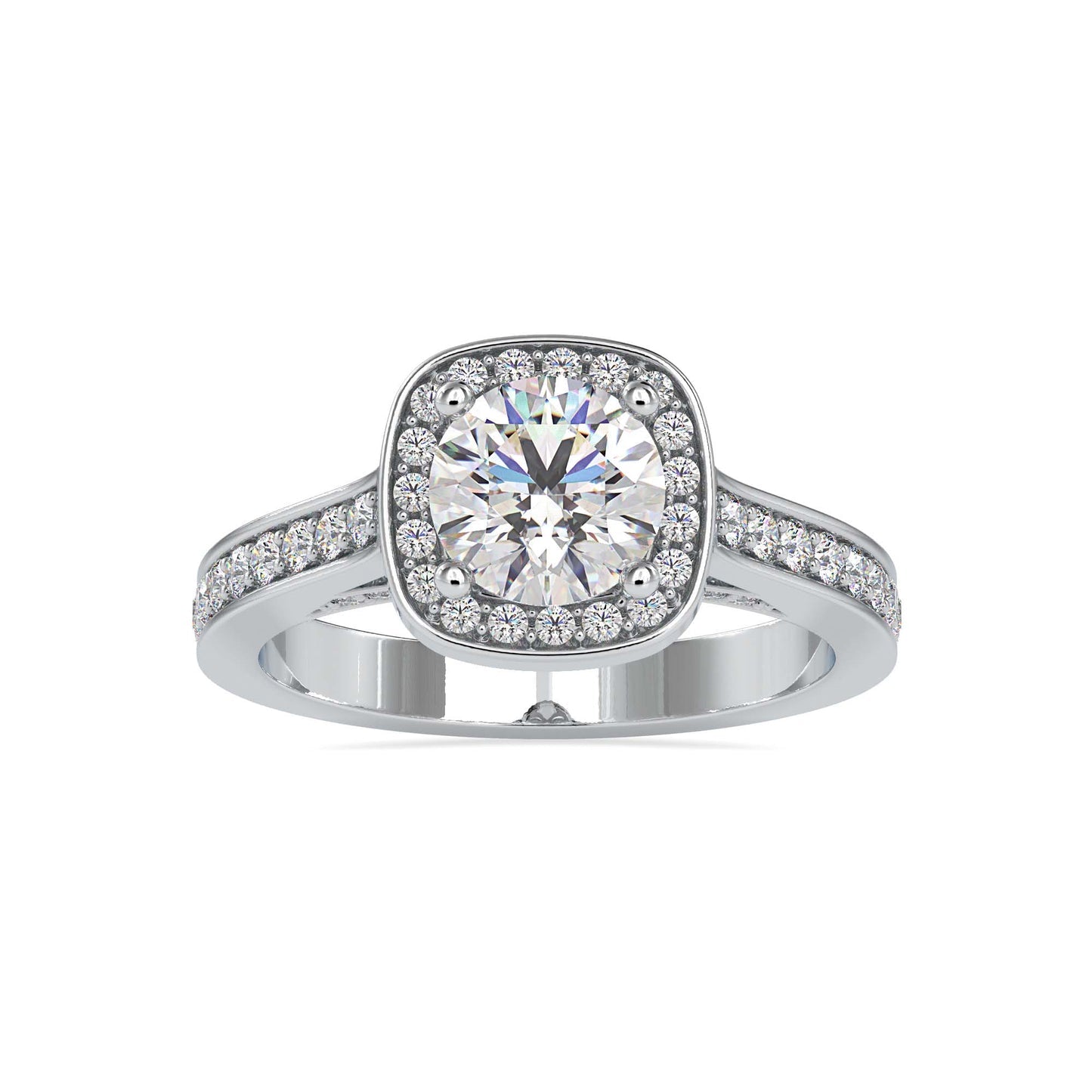 Round Brilliant Halo Diamond Engagement Ring with Pavé Band | Available in White & Yellow Gold