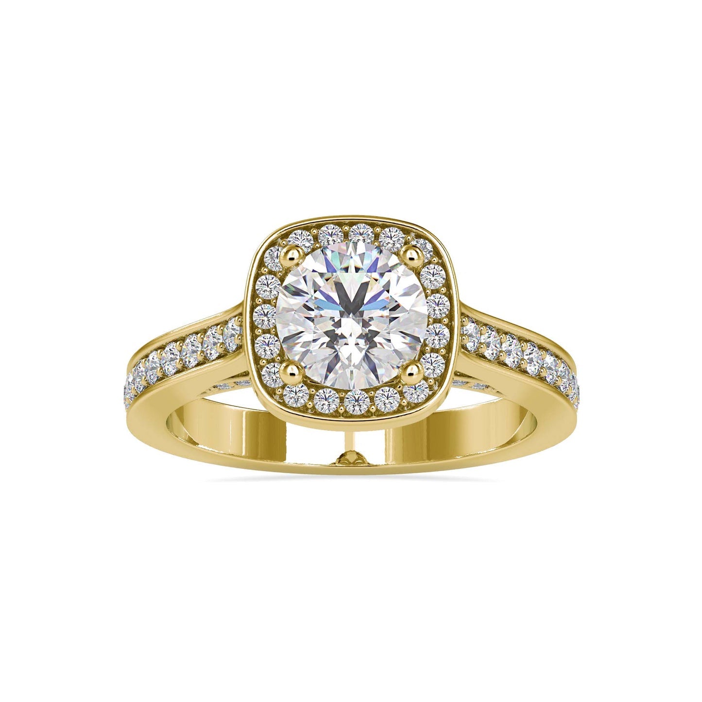 Round Brilliant Halo Diamond Engagement Ring with Pavé Band | Available in White & Yellow Gold