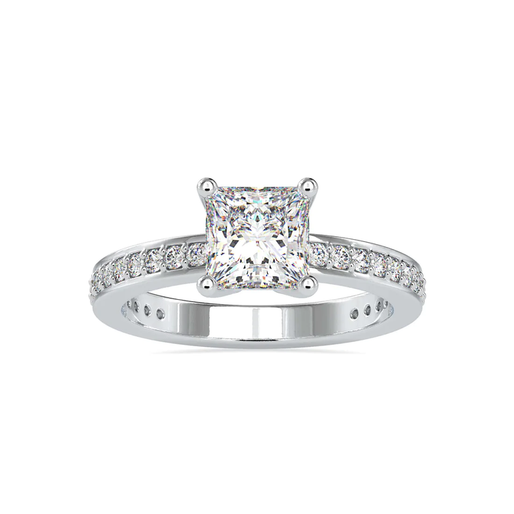 Princess Diamond Engagement Ring in 14K White Gold | Pave Diamond Band