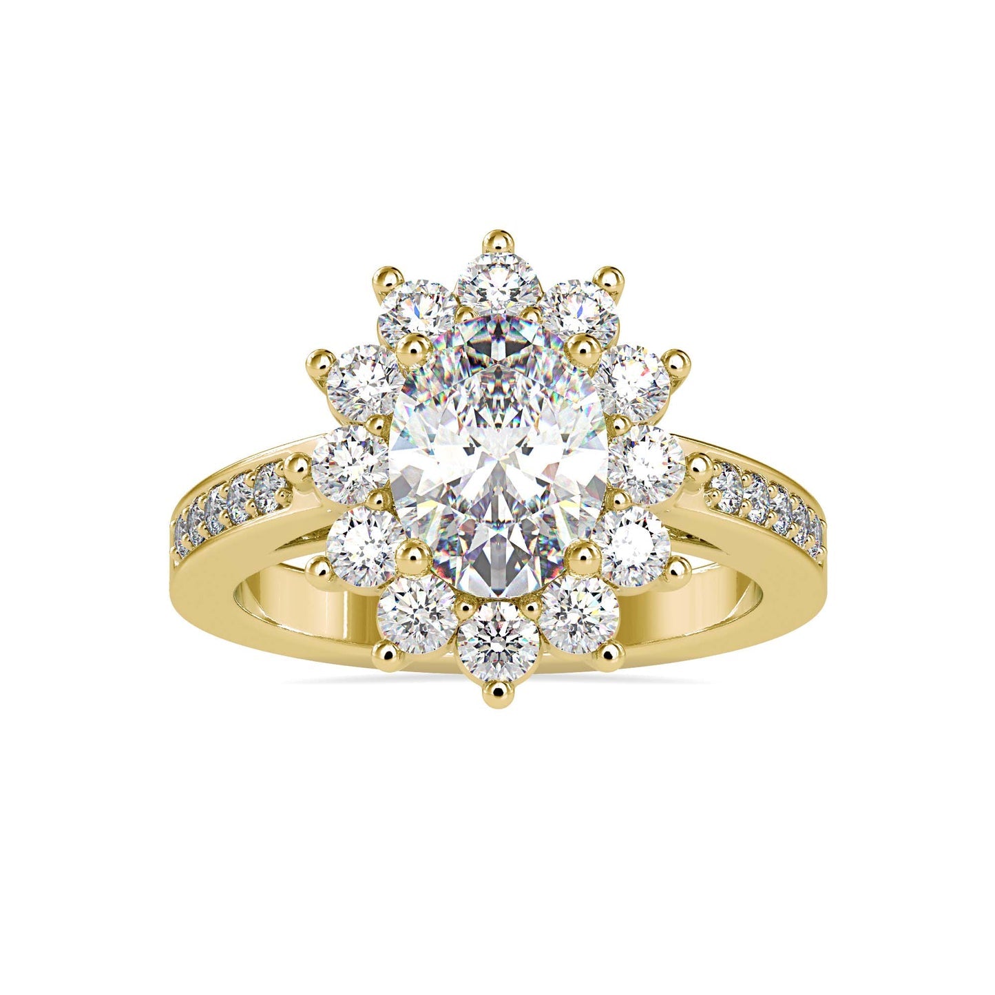 Oval Cut Diamond Halo Engagement Ring with Pavé Band | Available in White & Yellow Gold