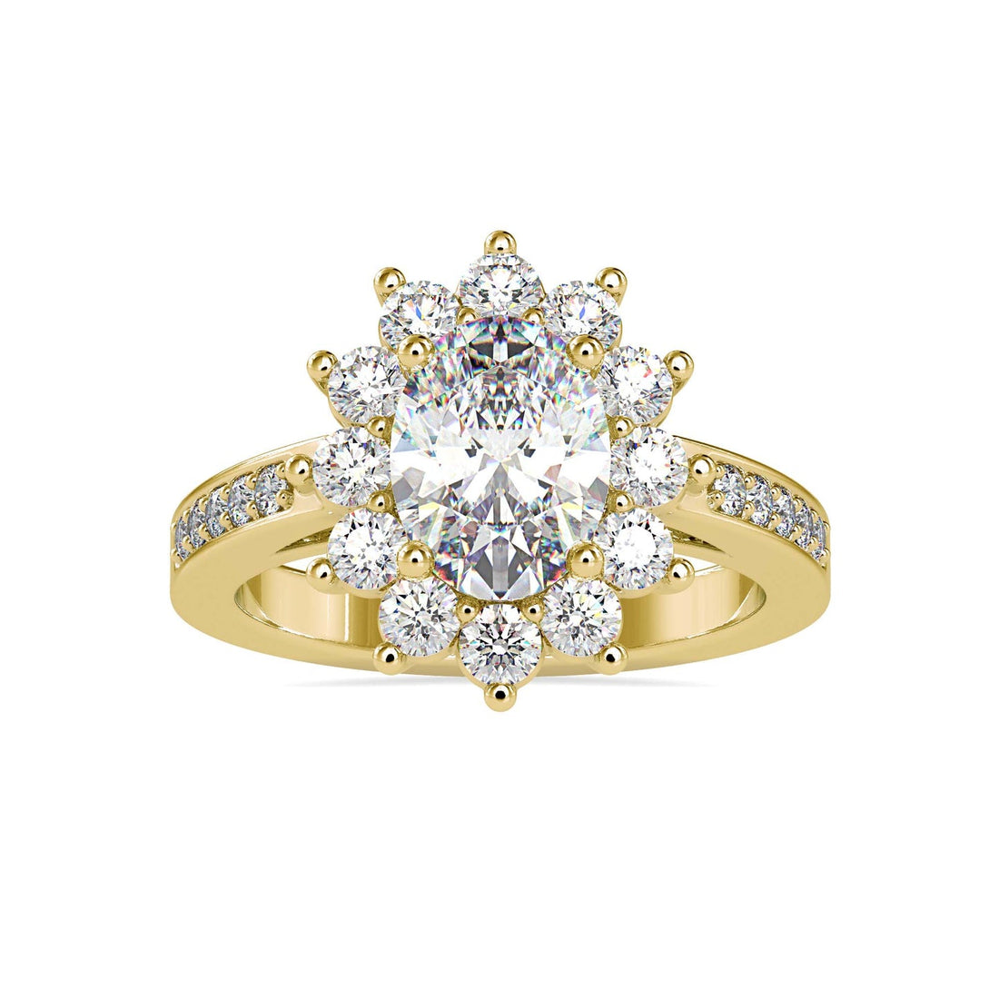 Oval Cut Diamond Halo Engagement Ring with Pavé Band | Available in White & Yellow Gold