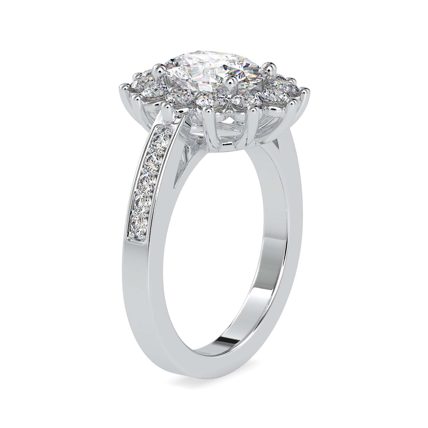 Oval Cut Diamond Halo Engagement Ring with Pavé Band | Available in White & Yellow Gold